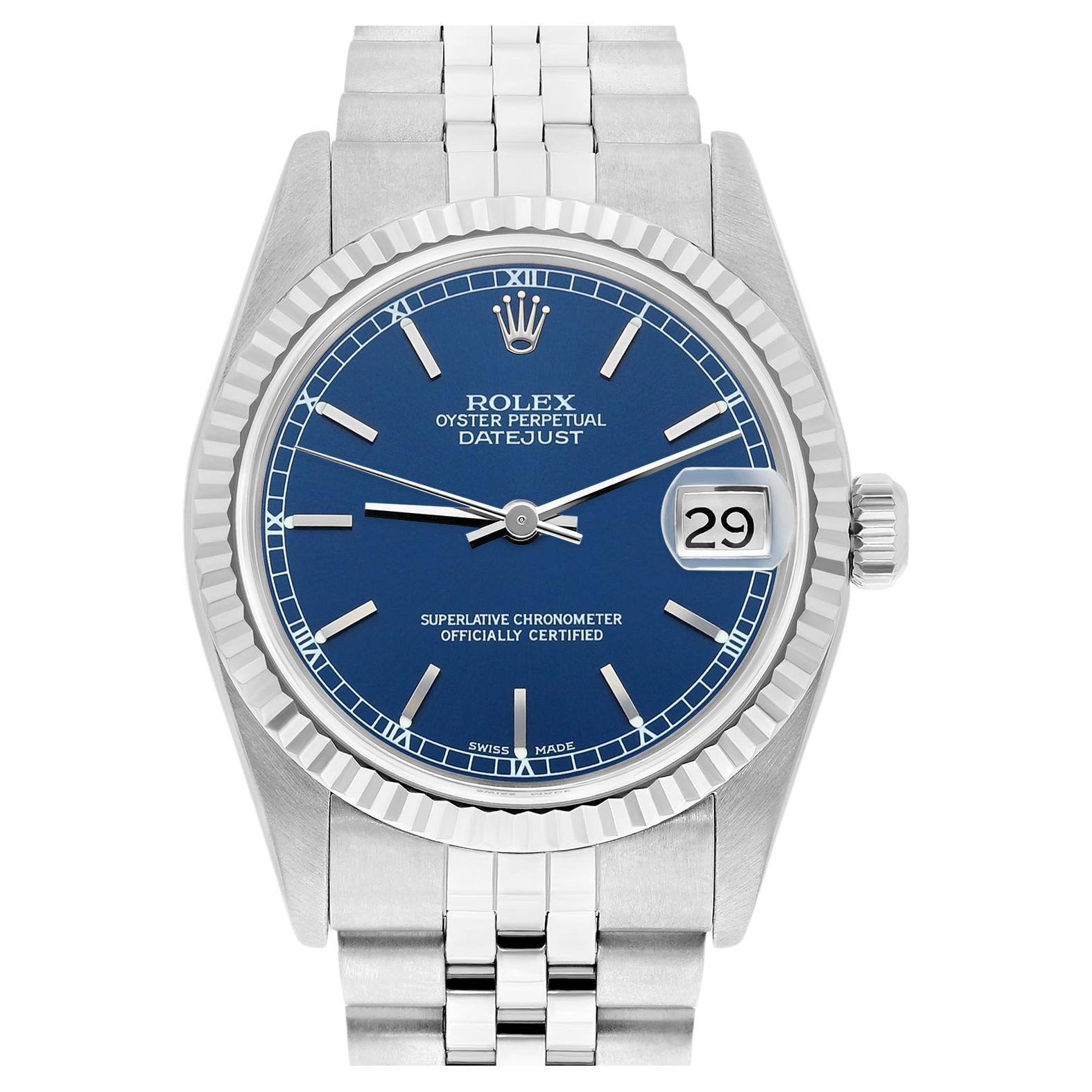 Rolex Datejust 31mm 68274 Blue Index Stainless Steel Watch W/G Bezel Circa 1997 For Sale