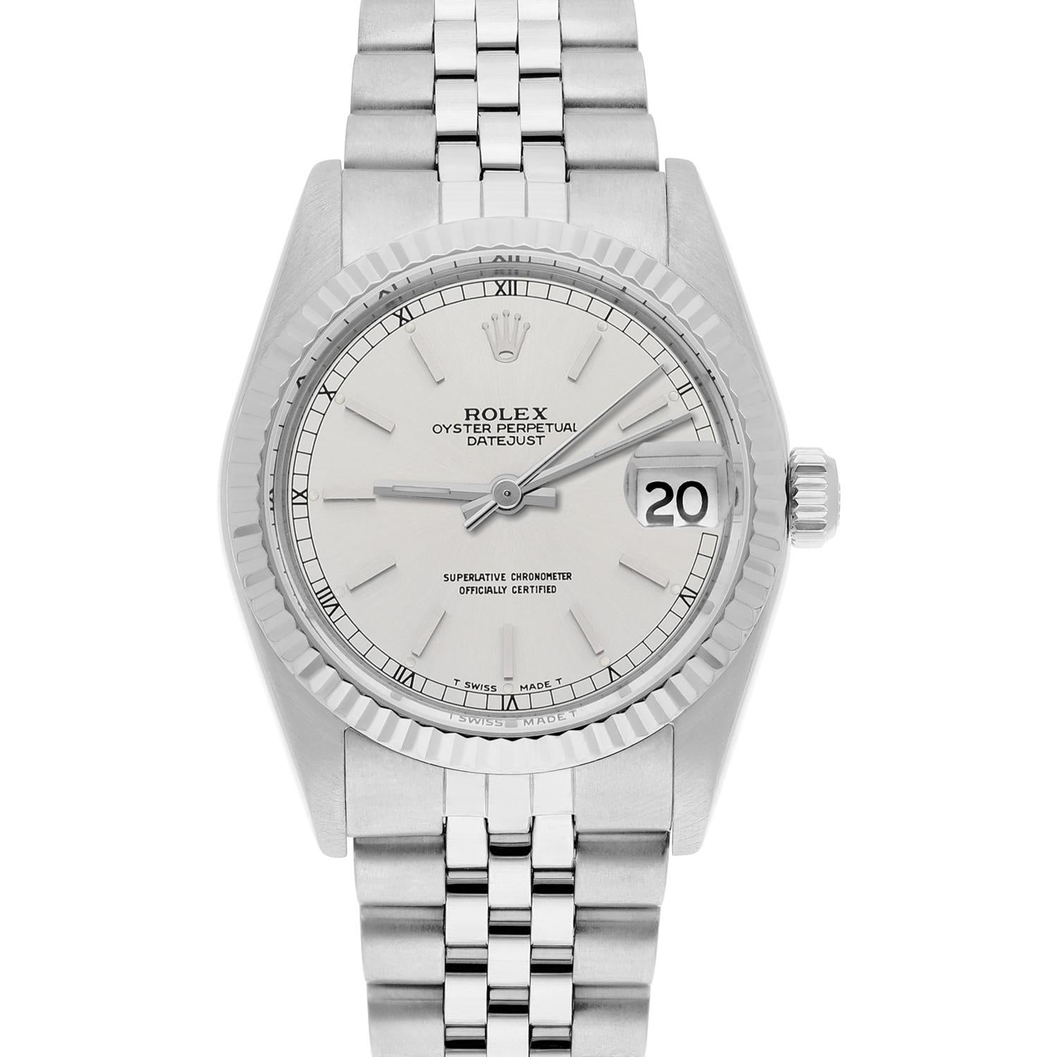 Rolex Datejust 31mm 68274 Silver Index Dial Steel Watch W/G Bezel Circa 1984 For Sale
