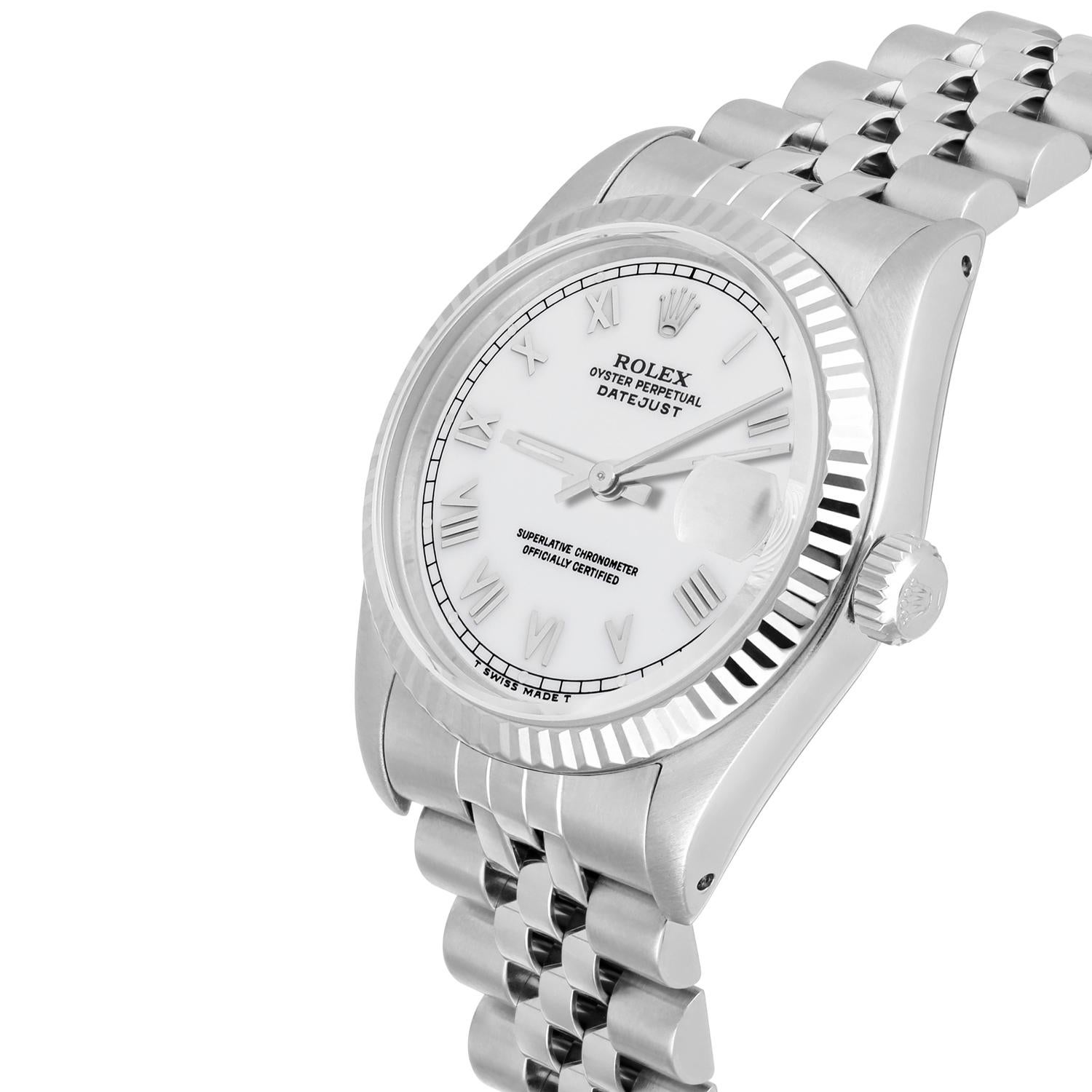 Rolex Datejust 31mm 68274 White Roman Dial Stainless Steel Watch W/G Bezel Circa In Excellent Condition For Sale In New York, NY