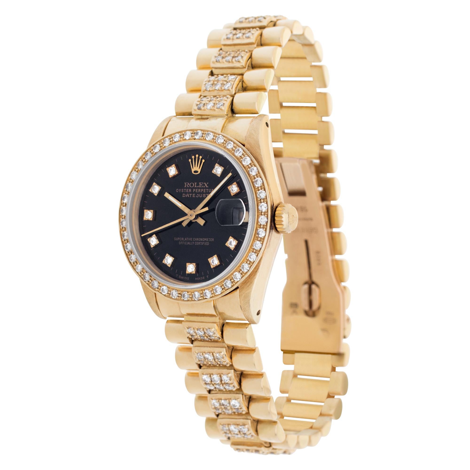 Rolex Datejust Midsize in 18k with custom diamond bezel, custom black diamond dial and custom diamond band. Auto w/ sweep seconds and date. 31 mm case size. Ref 68278. **Bank wire only at this price** Circa 1985. Fine Pre-owned Rolex Watch.