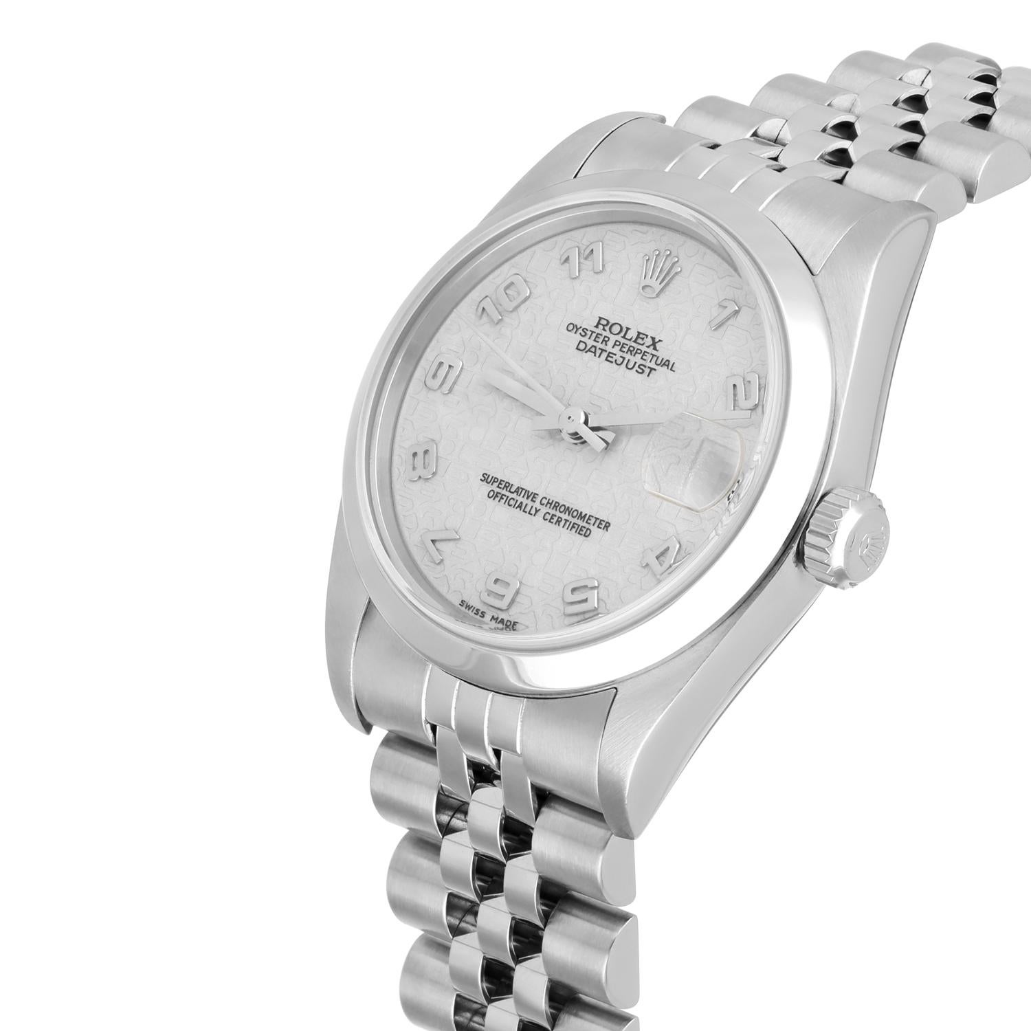Modern Rolex Datejust 31mm 78240 Silver Arabic Dial Stainless Steel Watch Circa 1999 For Sale