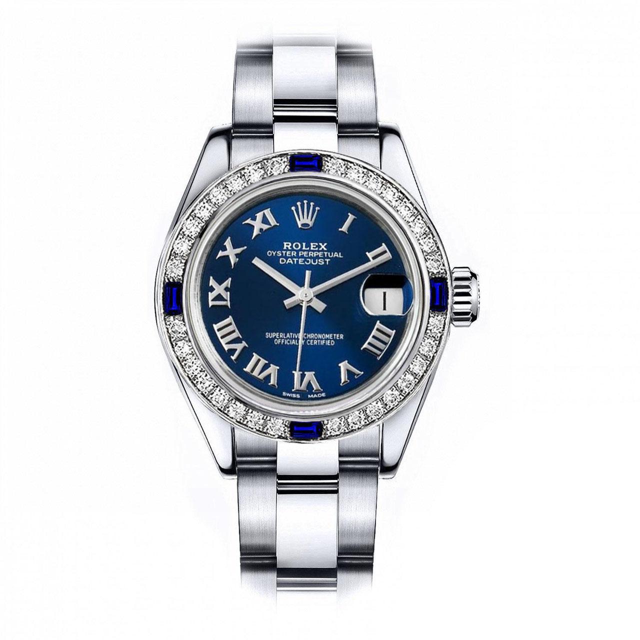 Rolex Montre Datejust bleue à cadran romain, lunette saphir et diamants en vente 1