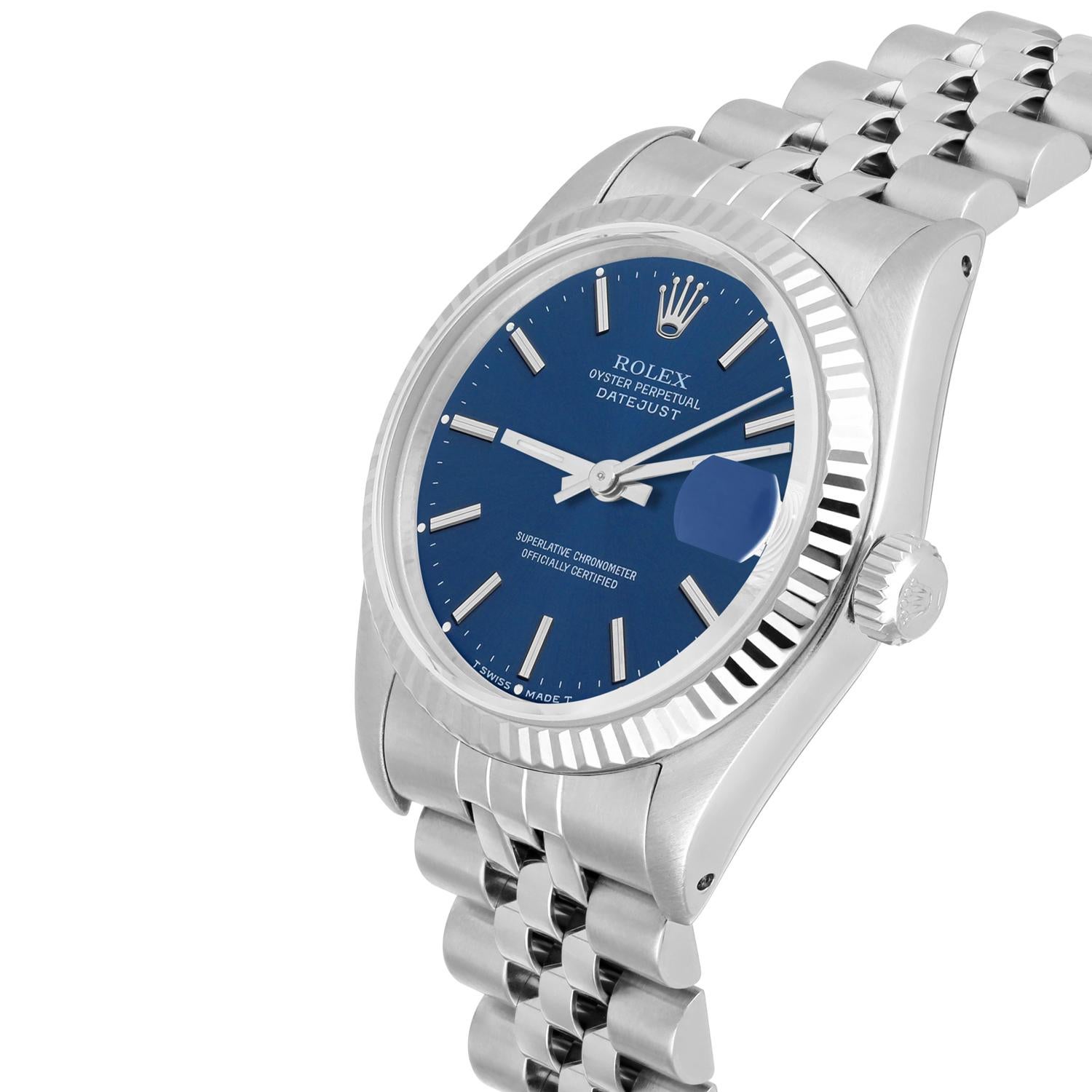 Rolex Datejust 31mm Blue Stick Dial Stainless Steel Watch W/G Bezel Circa 1991 Excellent état - En vente à New York, NY