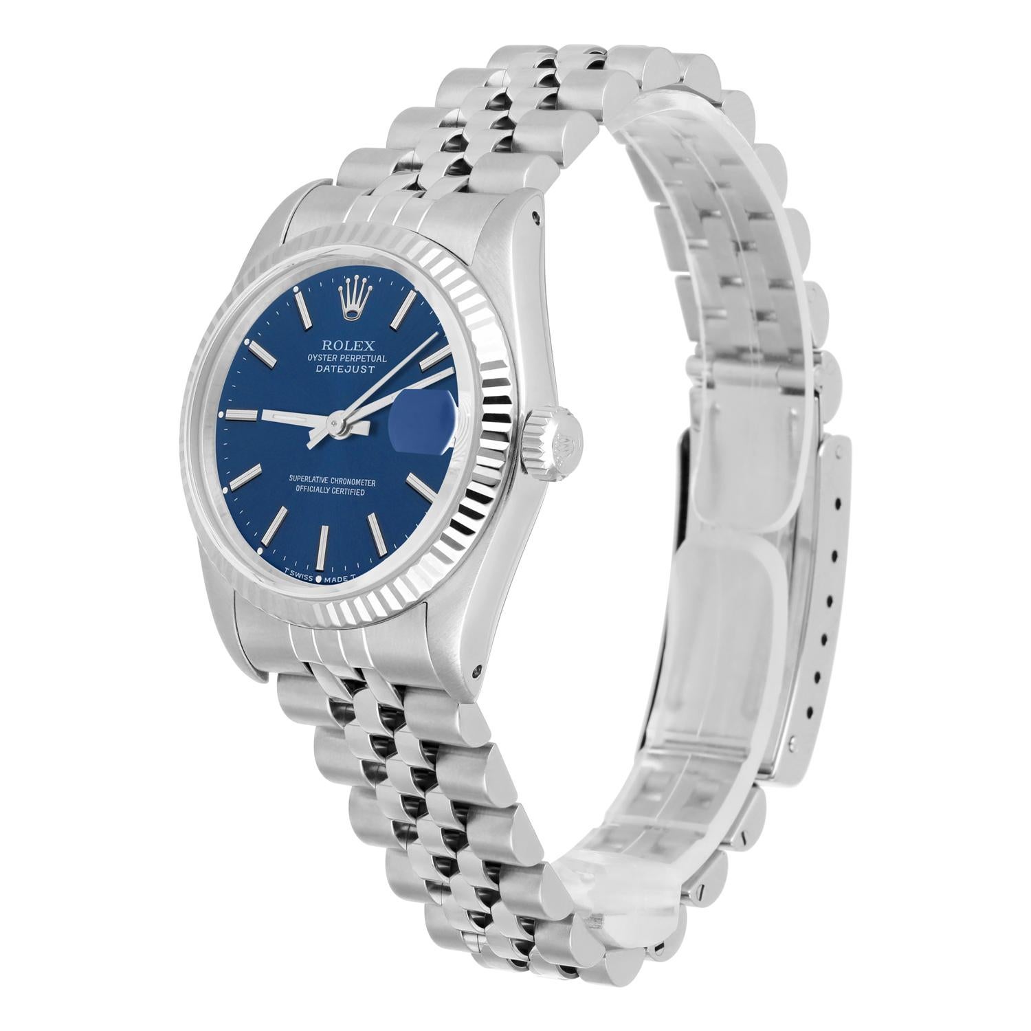 Rolex Datejust 31mm Blue Stick Dial Stainless Steel Watch W/G Bezel Circa 1991 Pour femmes en vente
