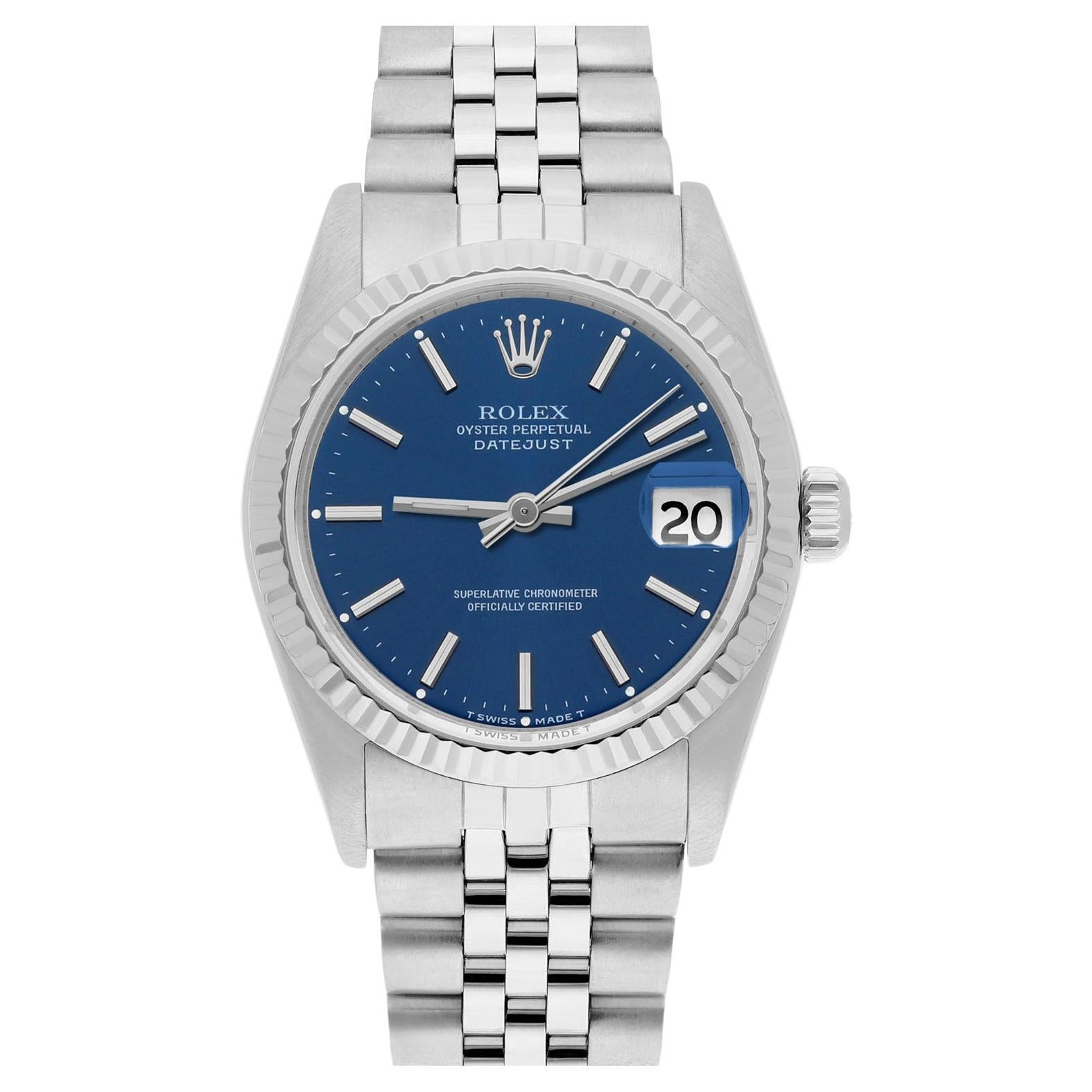 Rolex Datejust 31mm Blue Stick Dial Stainless Steel Watch W/G Bezel Circa 1991 For Sale