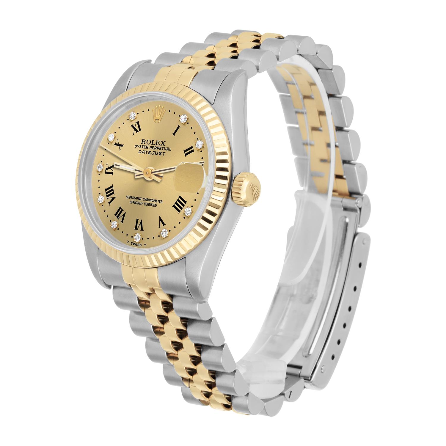 Rolex Datejust 31mm Champagne Dial Stainless Steel/Yellow Gold Watch Circa 1993 In Excellent Condition For Sale In New York, NY