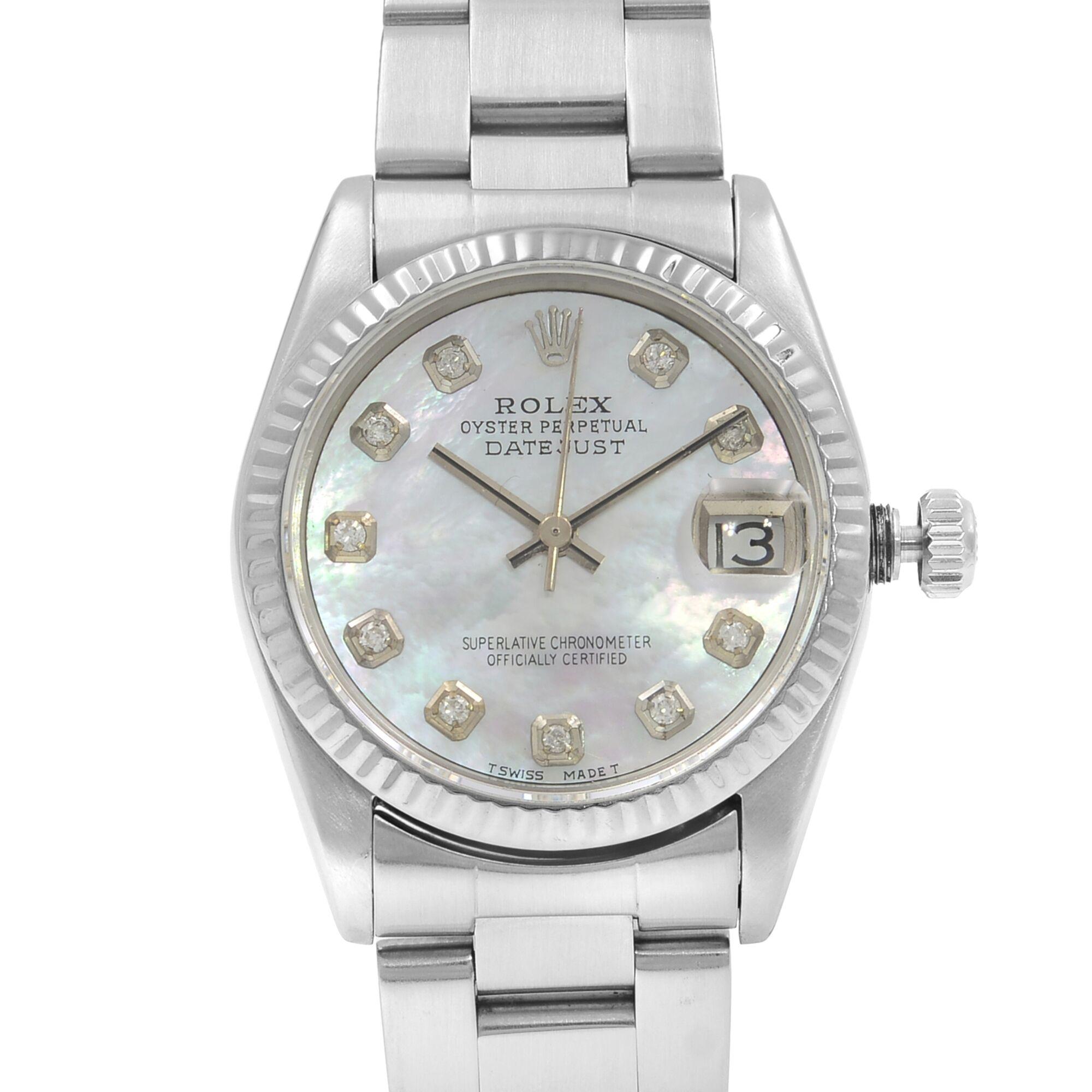 This pre-owned Rolex Datelste 68240 is a beautiful Ladies timepiece that is powered by an automatic movement which is cased in a stainless steel case. It has a round shape face, date, diamonds dial and has hand diamonds style markers. It is