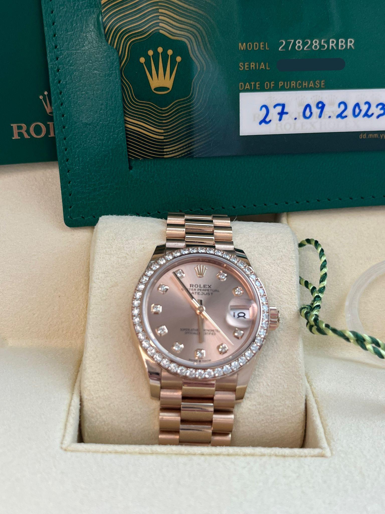 Rolex Datejust 31mm Everose Gold Diamond Dial Bezel President Bracelet 278285RBR For Sale 4