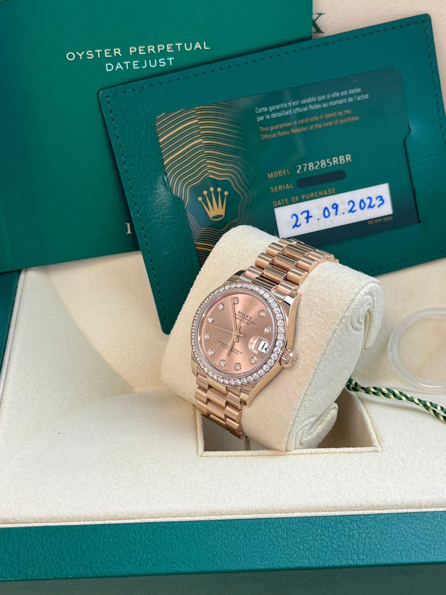 Rolex Datejust 31mm Everose Gold Diamond Dial Bezel President Bracelet 278285RBR For Sale 10