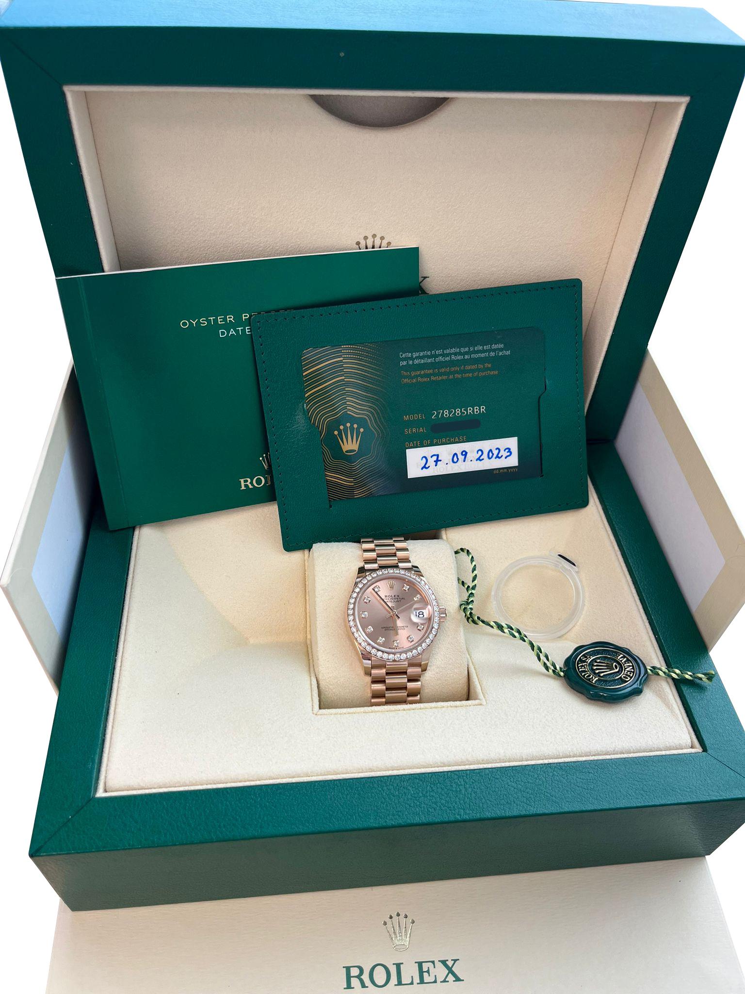 Modernist Rolex Datejust 31mm Everose Gold Diamond Dial Bezel President Bracelet 278285RBR For Sale