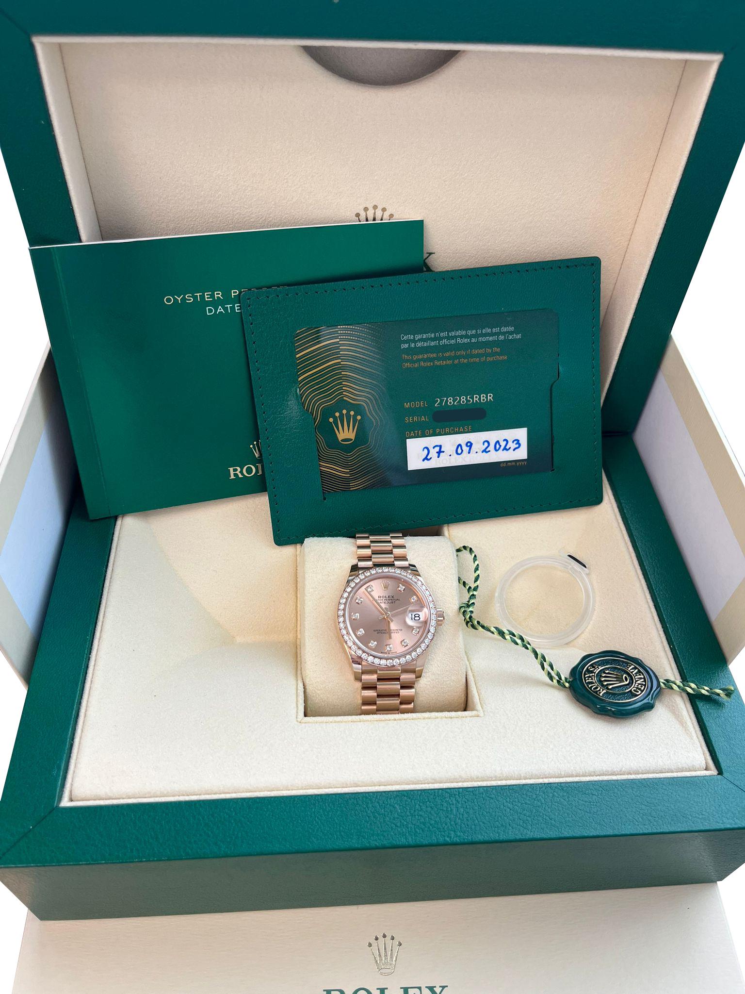 Round Cut Rolex Datejust 31mm Everose Gold Diamond Dial Bezel President Bracelet 278285RBR For Sale