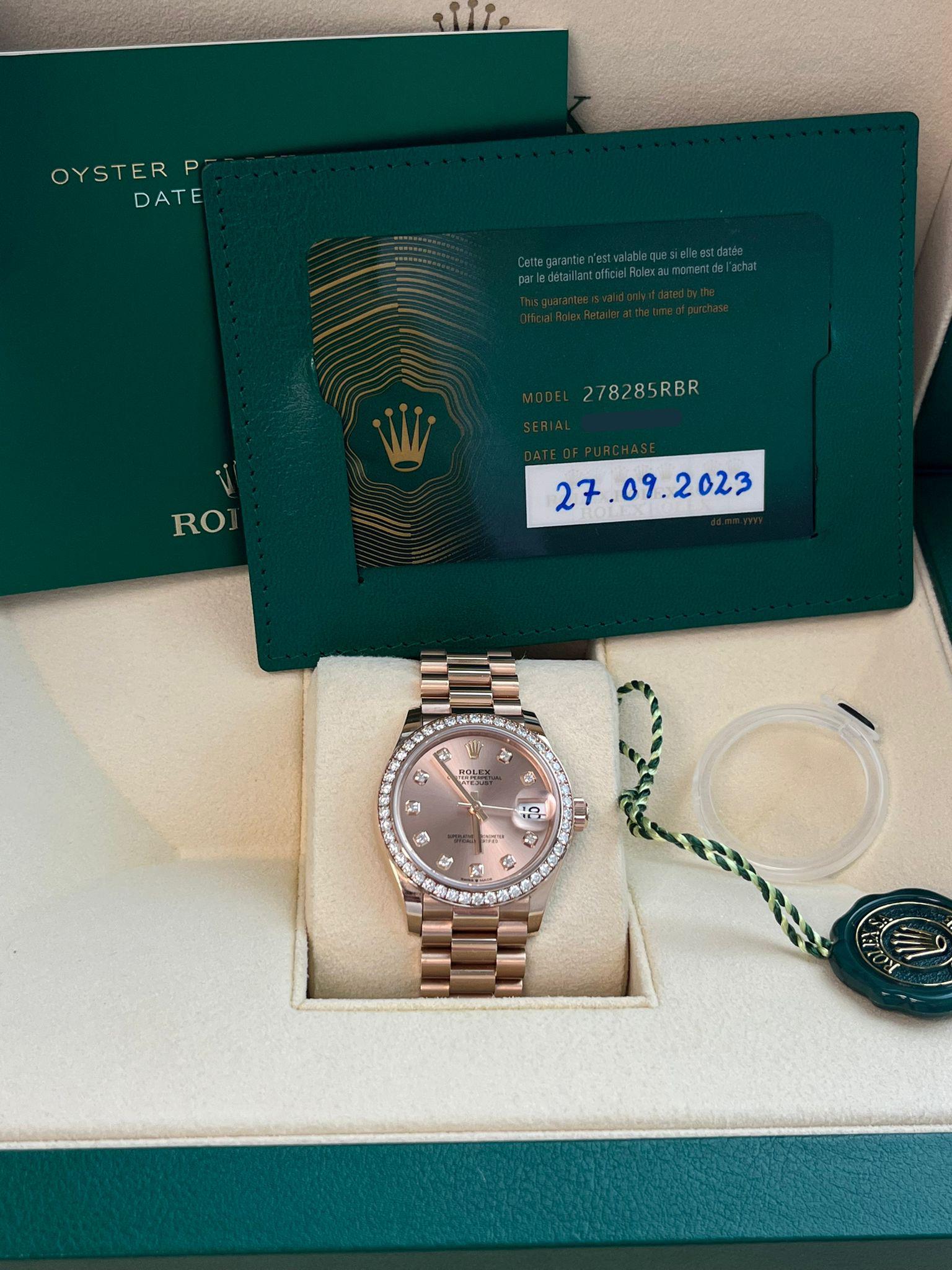 Rolex Datejust 31mm Everose Gold Diamond Dial Bezel President Bracelet 278285RBR In Excellent Condition For Sale In Aventura, FL