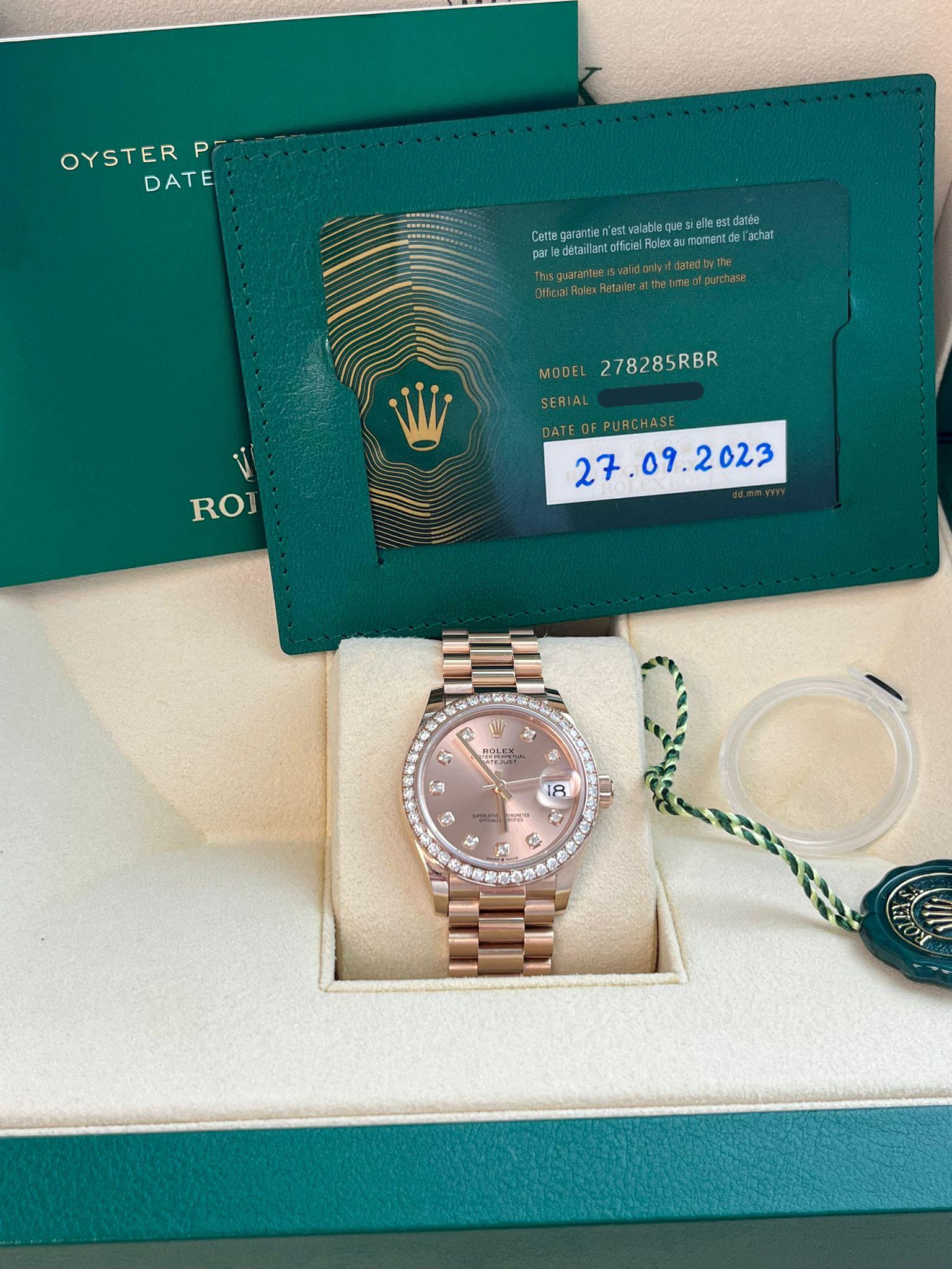Women's or Men's Rolex Datejust 31mm Everose Gold Diamond Dial Bezel President Bracelet 278285RBR For Sale