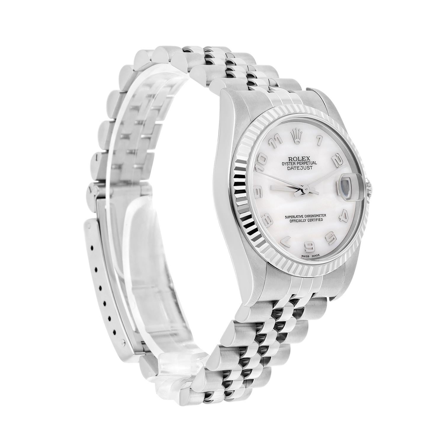 Modern Rolex Datejust 31mm Factory White Mother of Pearl Dial 78274 Jubilee Band 1999 For Sale