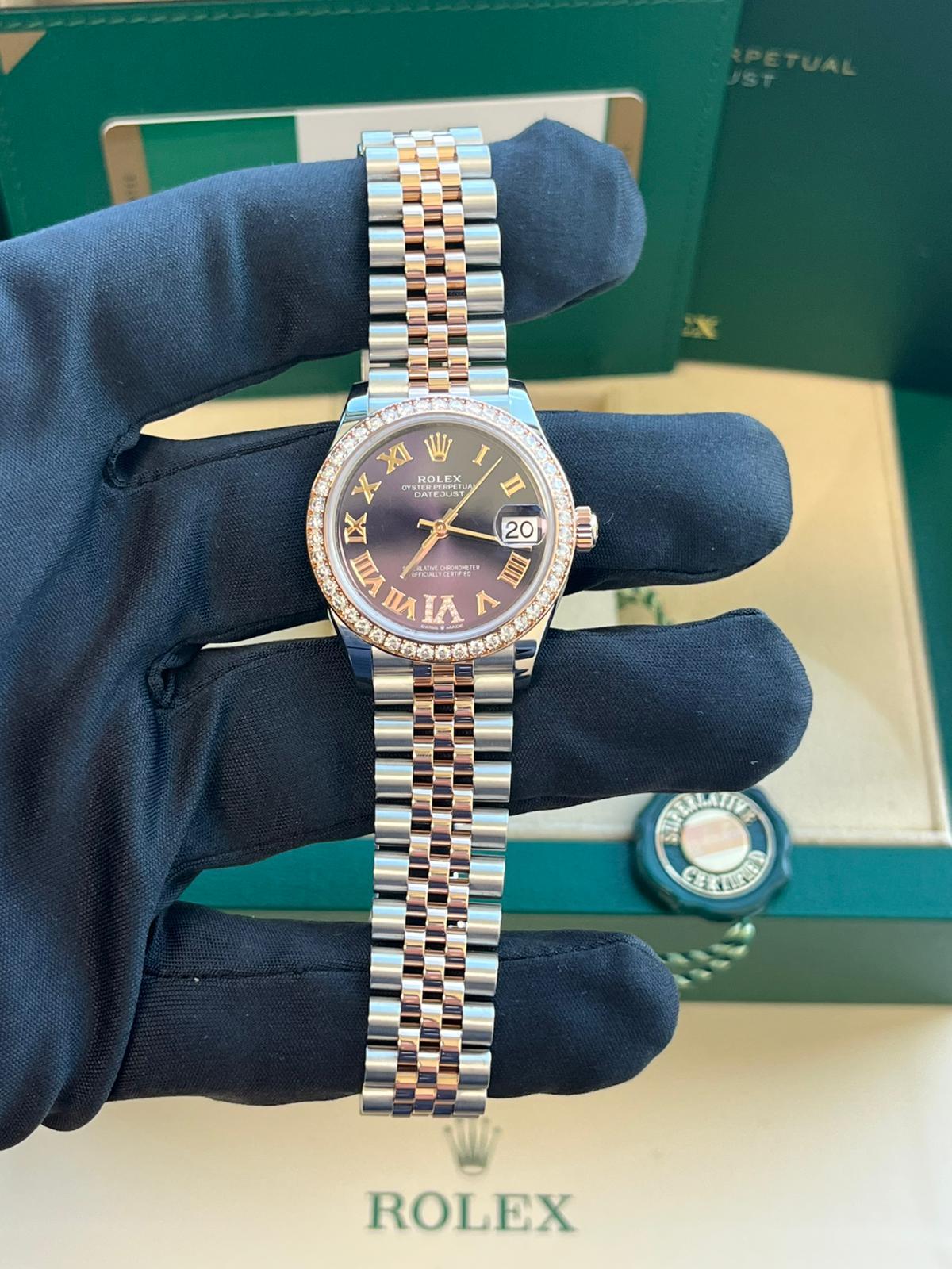 Rolex Datejust 31mm Midsize Steel Rose Gold Purple Diamond Jubliee Watch 278381 For Sale 13