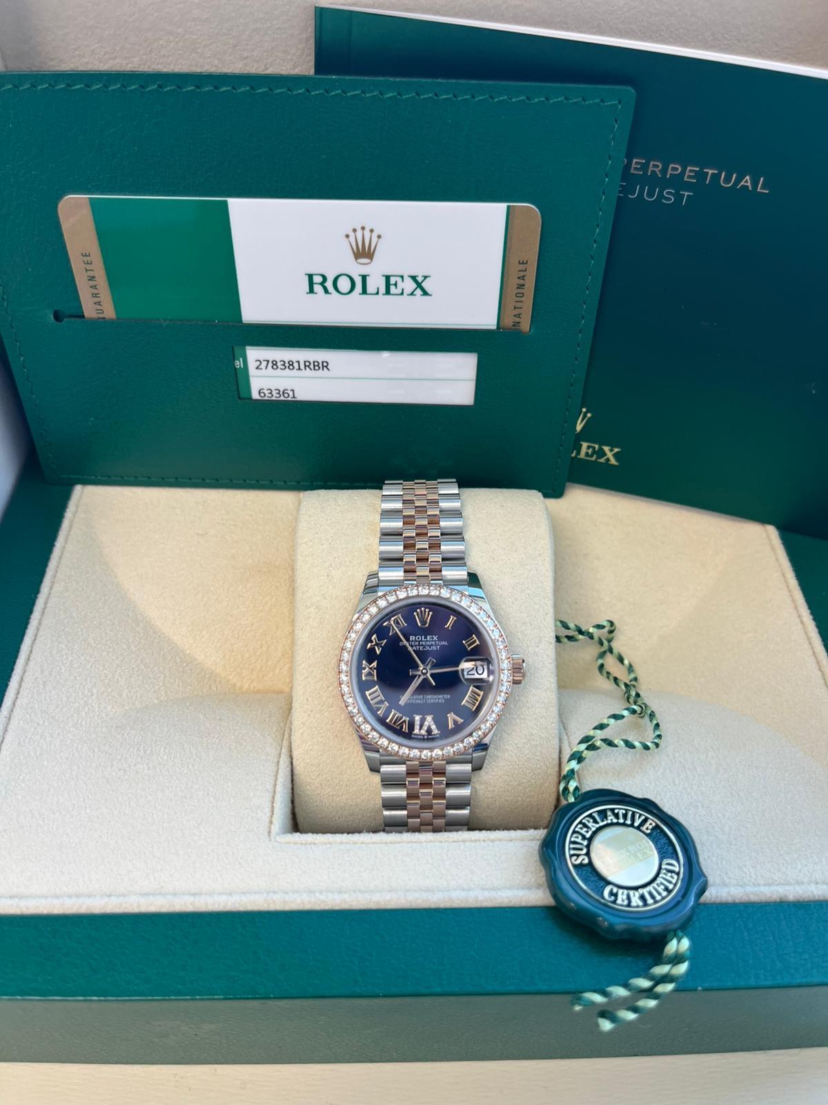 Modernist Rolex Datejust 31mm Midsize Steel Rose Gold Purple Diamond Jubliee Watch 278381 For Sale