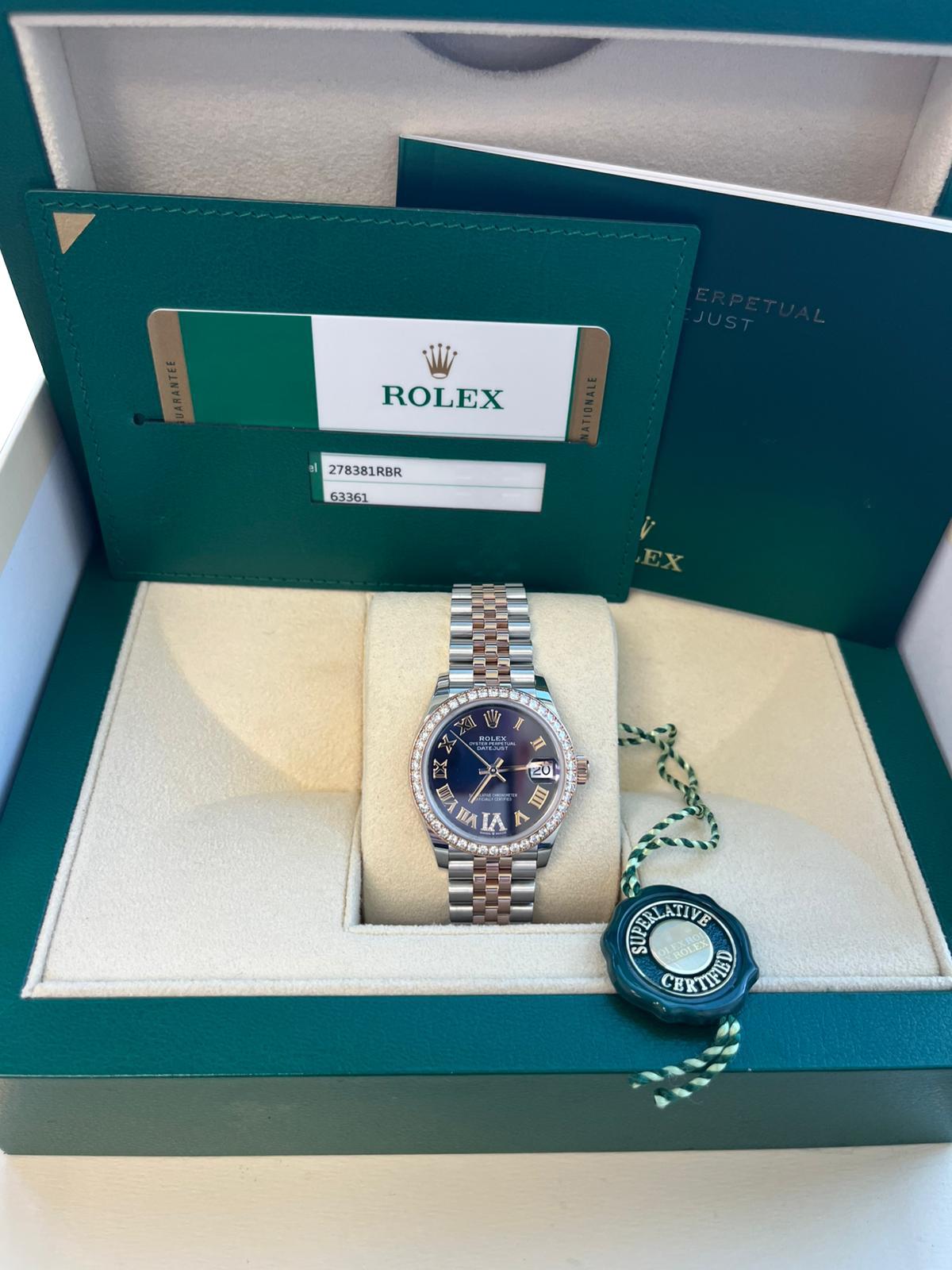 Rolex Datejust 31mm Midsize Steel Rose Gold Purple Diamond Jubliee Watch 278381 In Excellent Condition For Sale In Aventura, FL