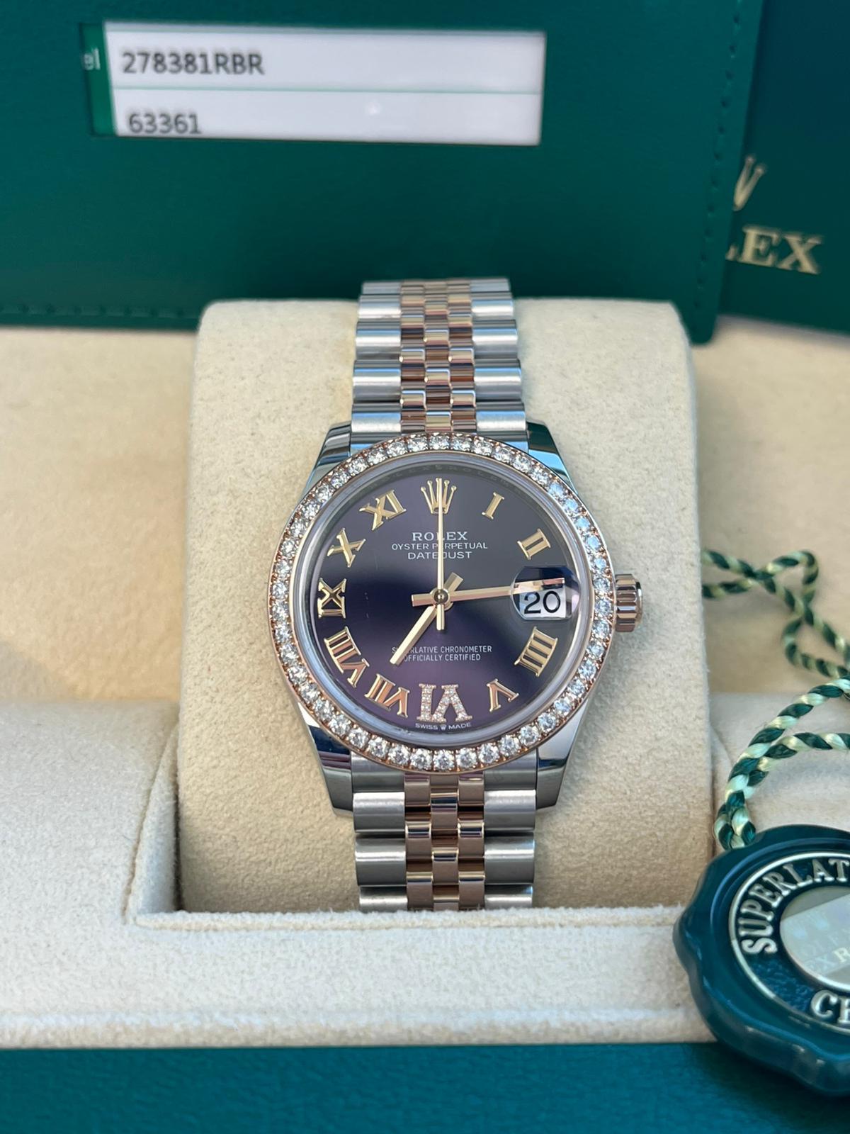 Women's Rolex Datejust 31mm Midsize Steel Rose Gold Purple Diamond Jubliee Watch 278381 For Sale