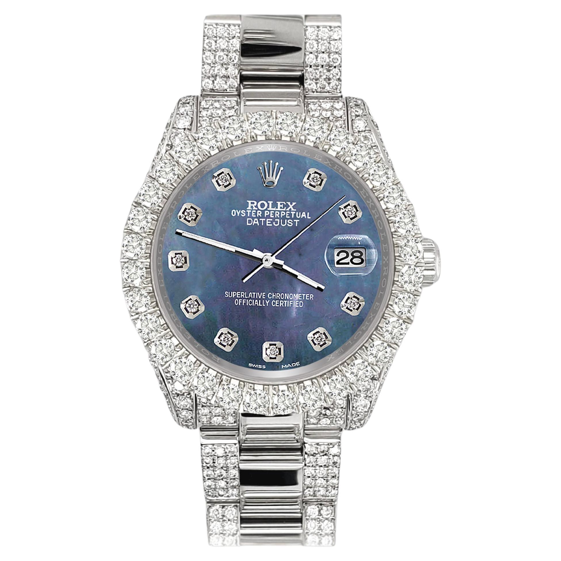 Rolex Datejust Pave 7.2ct Iced Diamond Black Pearl Track Dial Watch