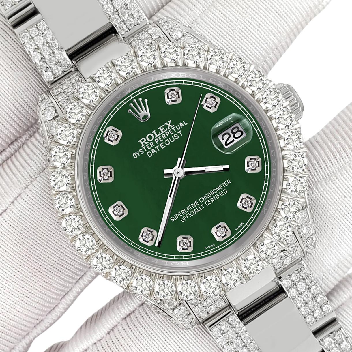 ElegantSwiss Watch Co is delighted to offer you this Rolex Datejust Midsize 31mm Pave 7.2ct Iced Diamond Forest Green Track Dial Oyster Watch, Ref 178240.

Excellent, pristine condition, no signs of wear, works flawlessly, comes with Rolex box,