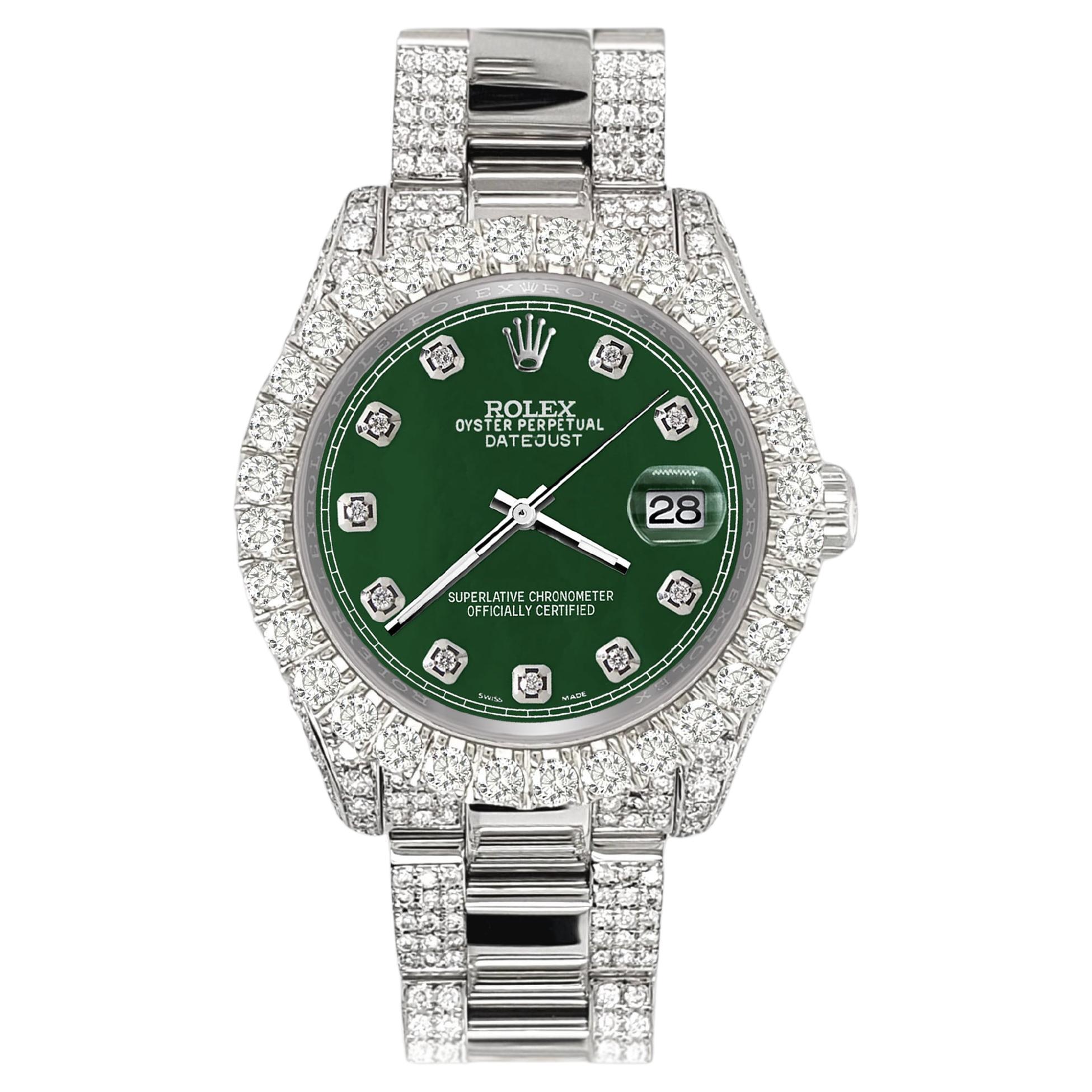 Rolex Datejust Pave 7.2 Carat Iced Diamond Forest Green Track Watch 178240