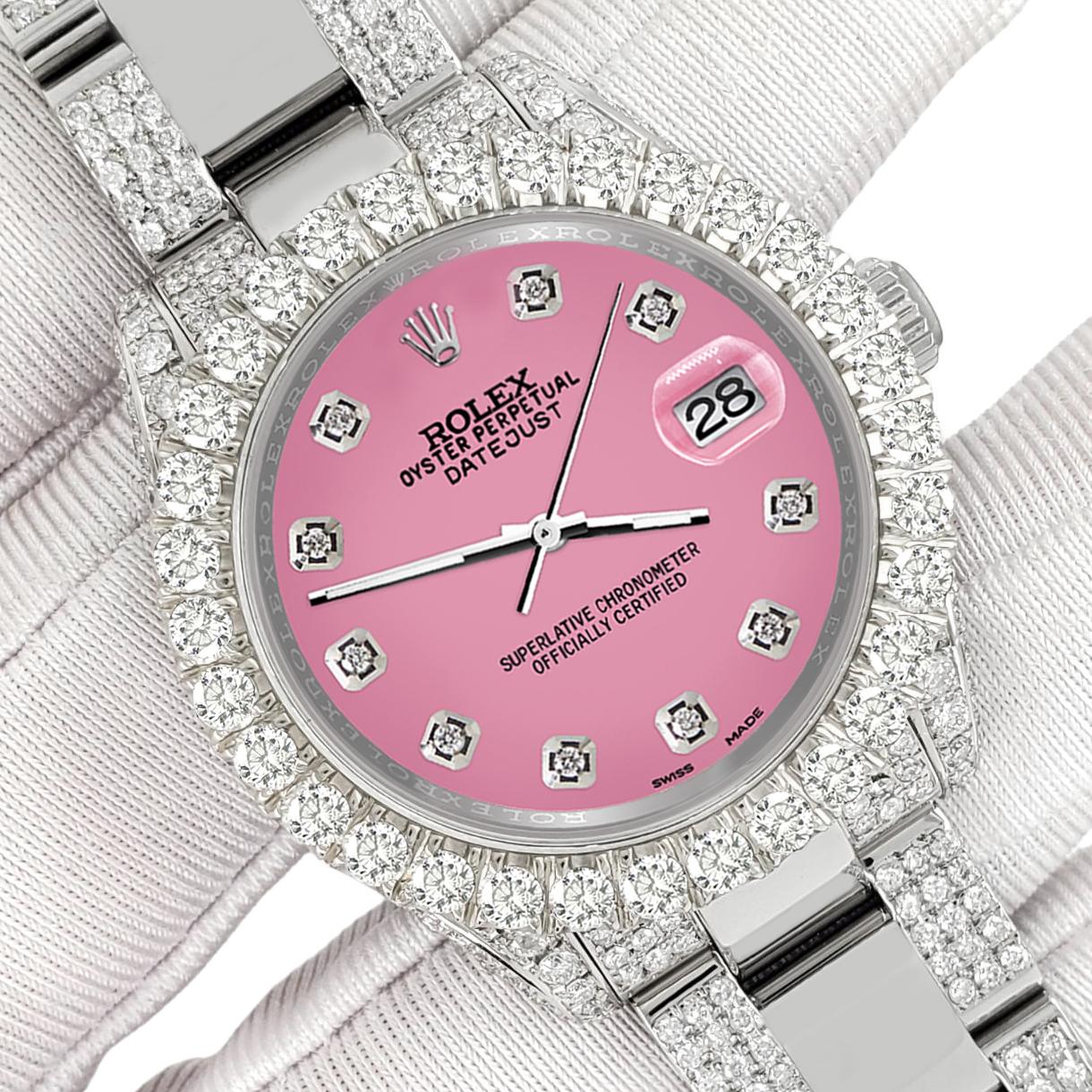 ElegantSwiss Watch Co is delighted to offer you this Rolex Datejust Midsize 31mm Pave 7.2ct Iced Diamond Hot Pink Dial Oyster Watch, Ref 178240.

Excellent, pristine condition, no signs of wear, works flawlessly, comes with Rolex box, certificate of