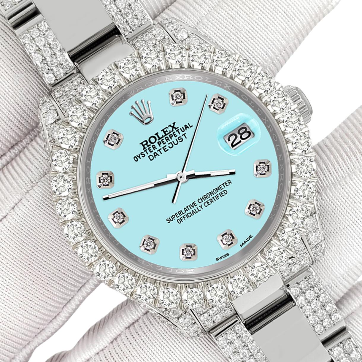 ElegantSwiss Watch Co freut sich, Ihnen diese Rolex Datejust Midsize 31mm Pave 7.2ct Iced Diamond Ice Blue Dial Oyster Watch, Ref 178240 anzubieten.

Ausgezeichneter, tadelloser Zustand, keine Gebrauchsspuren, funktioniert einwandfrei, kommt mit