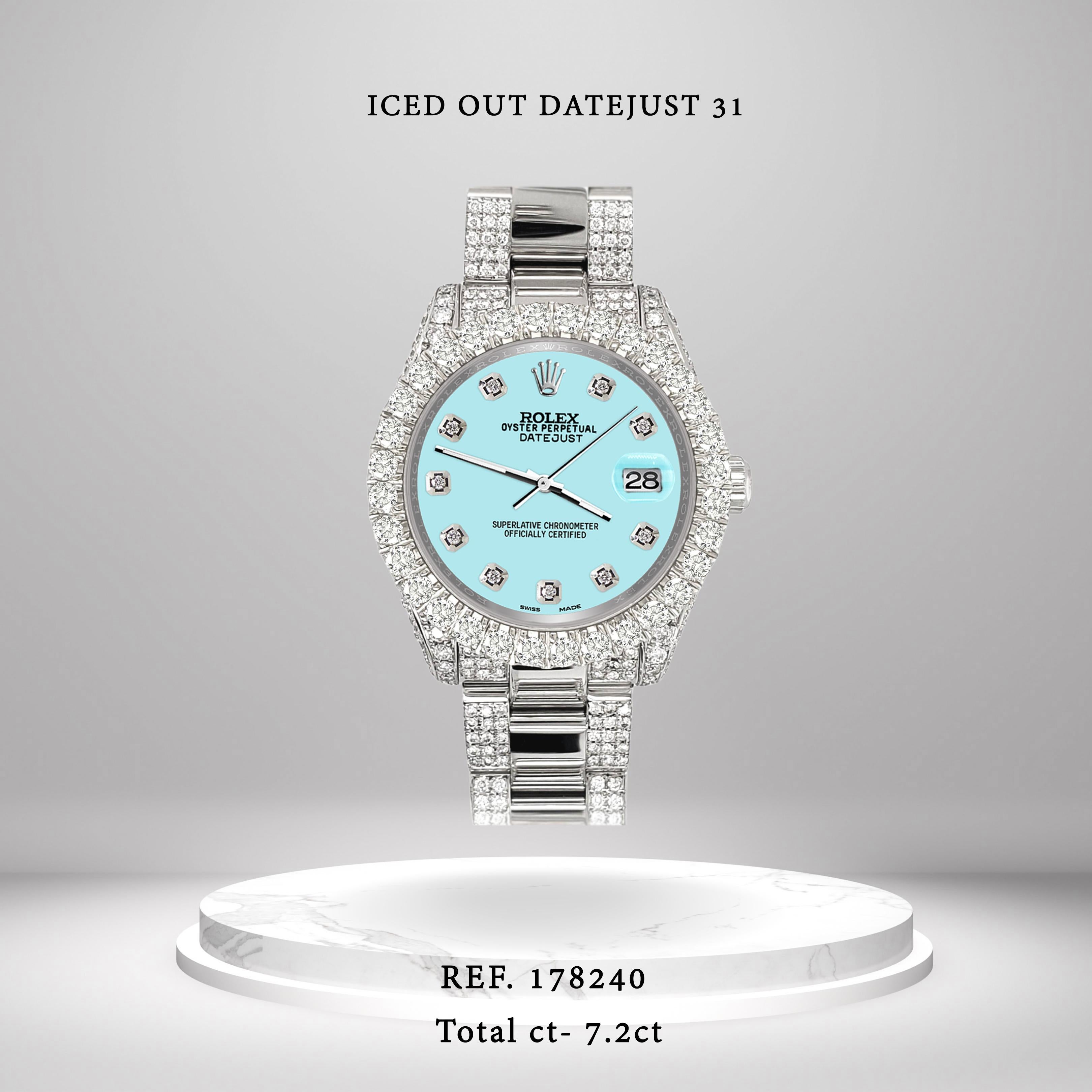 Rolex Datejust Pave 7.2ct Iced Diamond Eisblaue Oyster-Uhr 178240 mit Zifferblatt und Eisblauem Zifferblatt (Moderne) im Angebot