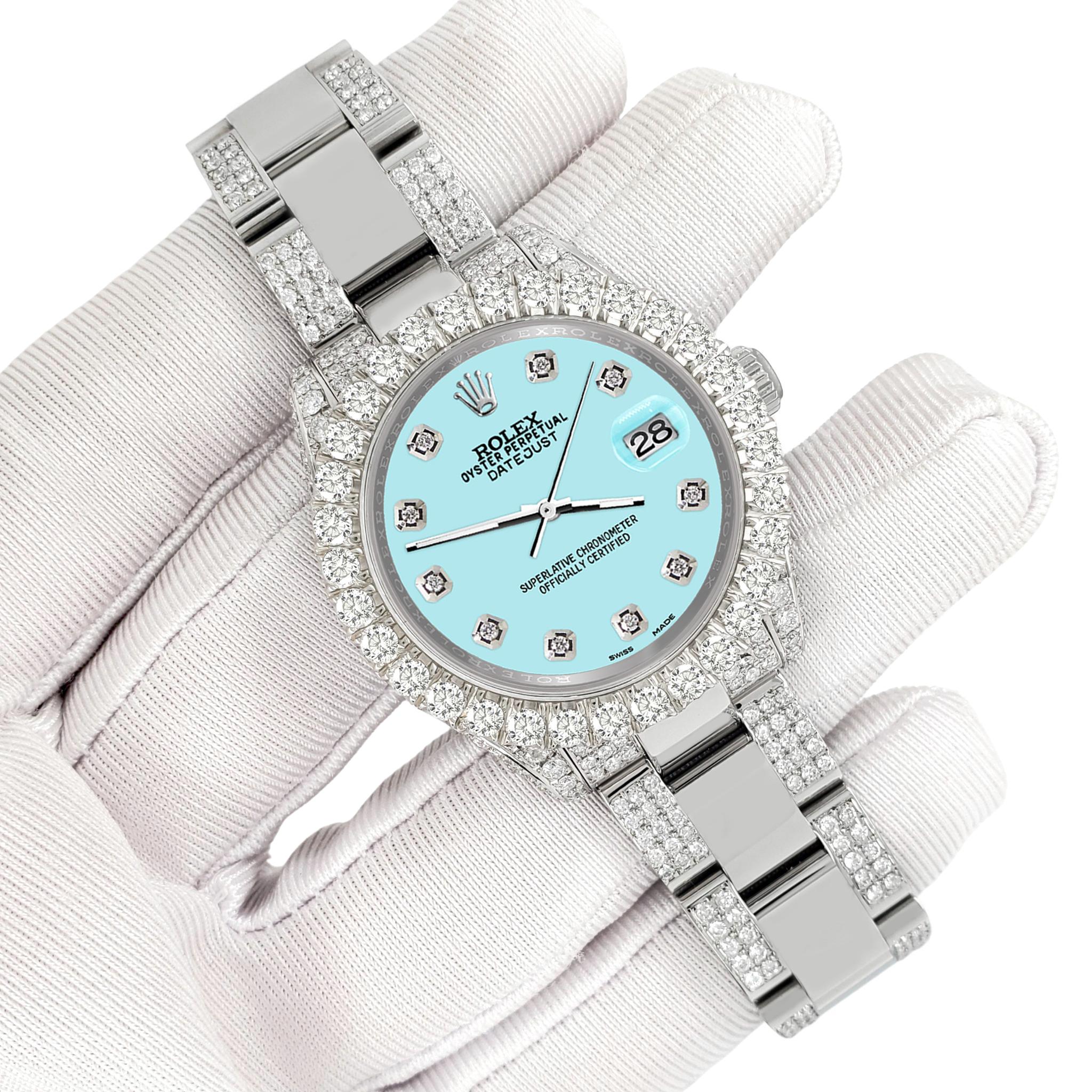 Rolex Datejust Pave 7.2ct Iced Diamond Eisblaue Oyster-Uhr 178240 mit Zifferblatt und Eisblauem Zifferblatt (Brillantschliff) im Angebot