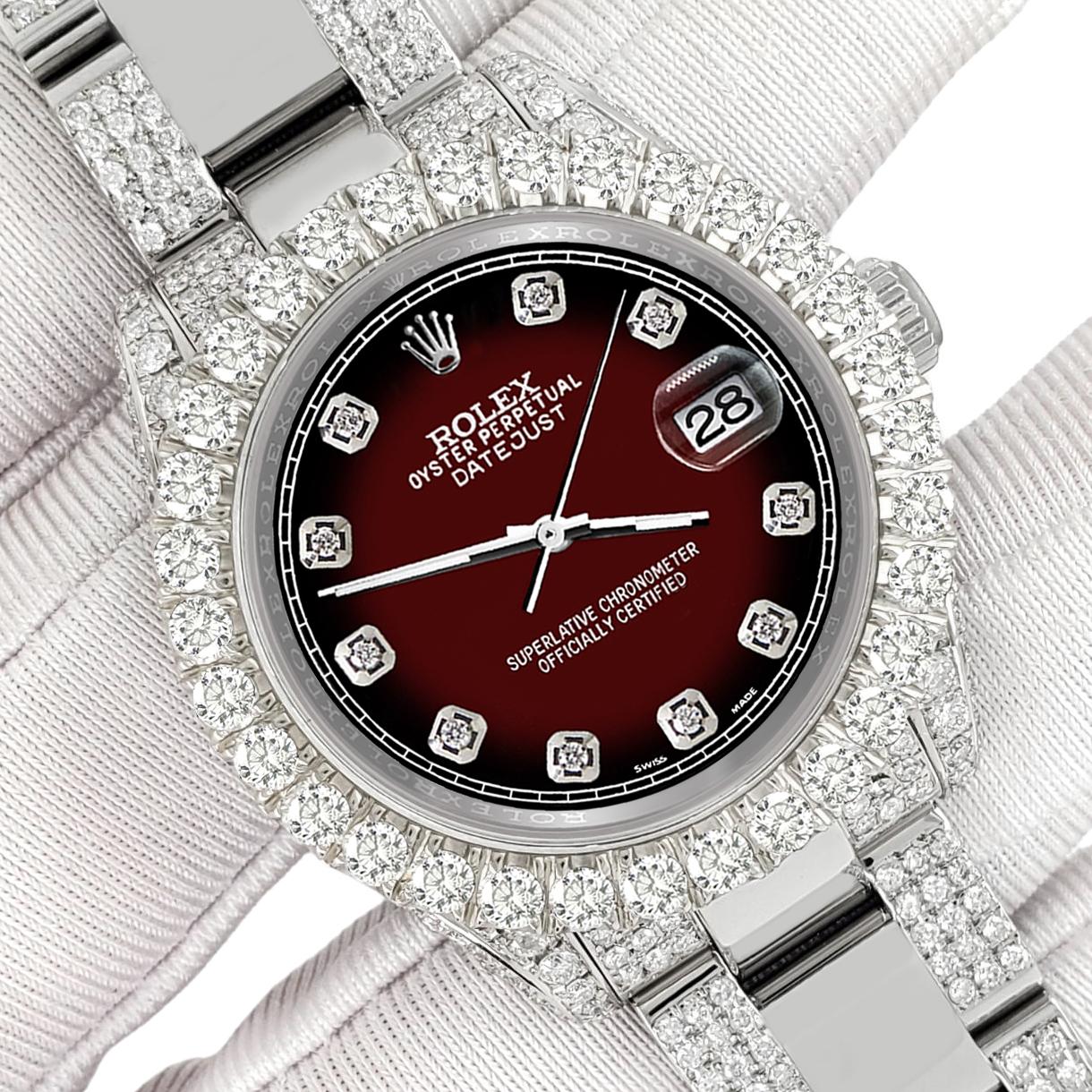 ElegantSwiss Watch Co freut sich, Ihnen diese Rolex Datejust Midsize 31mm Pave 7.2ct Iced Diamond Maroon Vignette Track Dial Oyster Watch, Ref 178240 anzubieten.

Ausgezeichneter, tadelloser Zustand, keine Gebrauchsspuren, funktioniert einwandfrei,