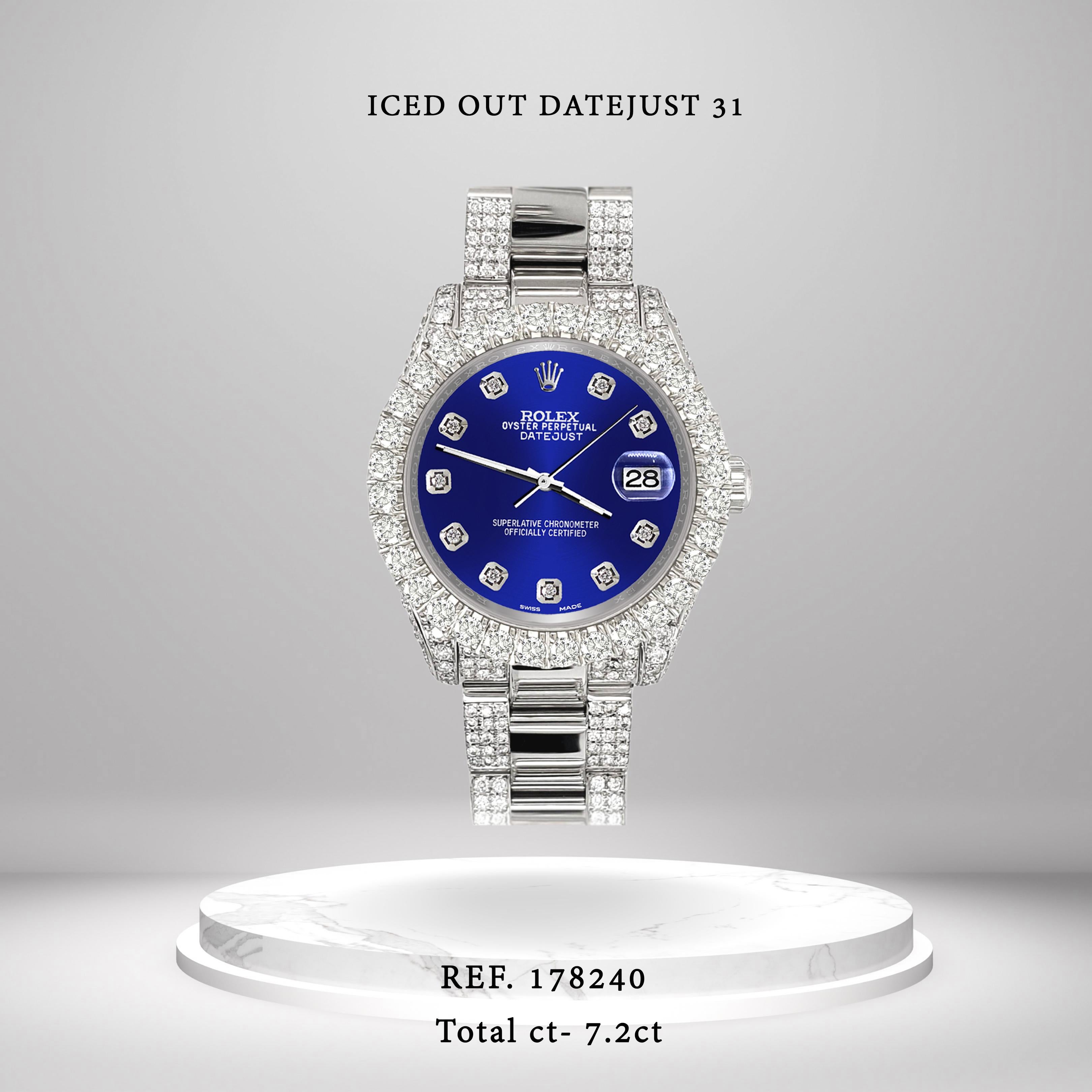 Rolex Datejust Pave 7.2ct Iced Diamond Navy Blue Watch 178240 For