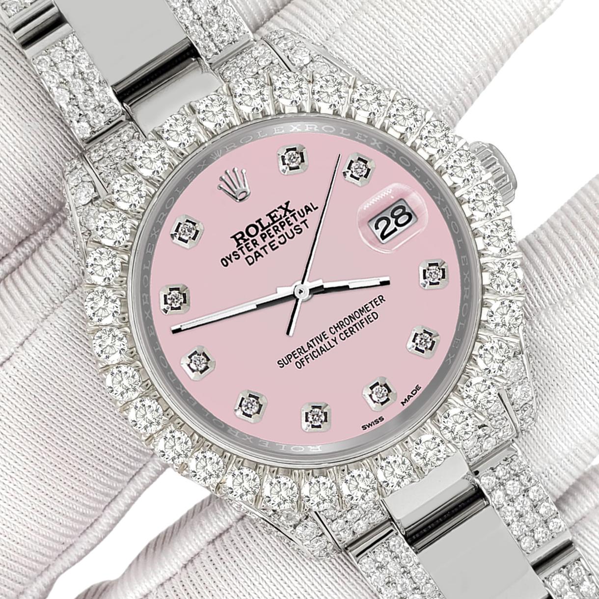 ElegantSwiss Watch Co is delighted to offer you this Rolex Datejust Midsize 31mm Pave 7.2ct Iced Diamond Orchid Pink Dial Oyster Watch, Ref 178240.

Excellent, pristine condition, no signs of wear, works flawlessly, comes with Rolex box, certificate