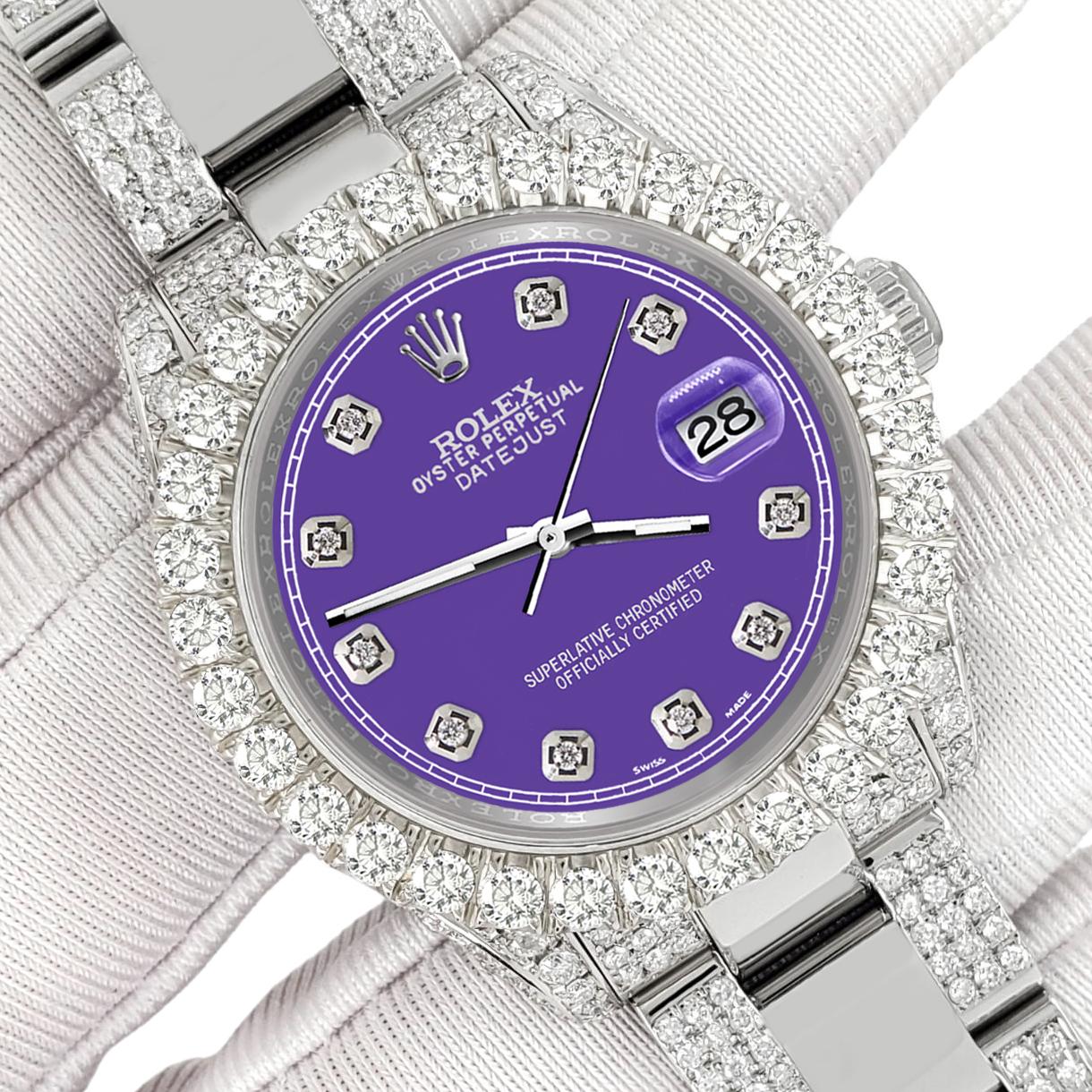 ElegantSwiss Watch Co freut sich, Ihnen diese Rolex Datejust Midsize 31mm Pave 7.2ct Iced Diamond Pastell lila Truck Dial Oyster Uhr, Ref 178240.

Ausgezeichneter, tadelloser Zustand, keine Gebrauchsspuren, funktioniert einwandfrei, kommt mit Rolex