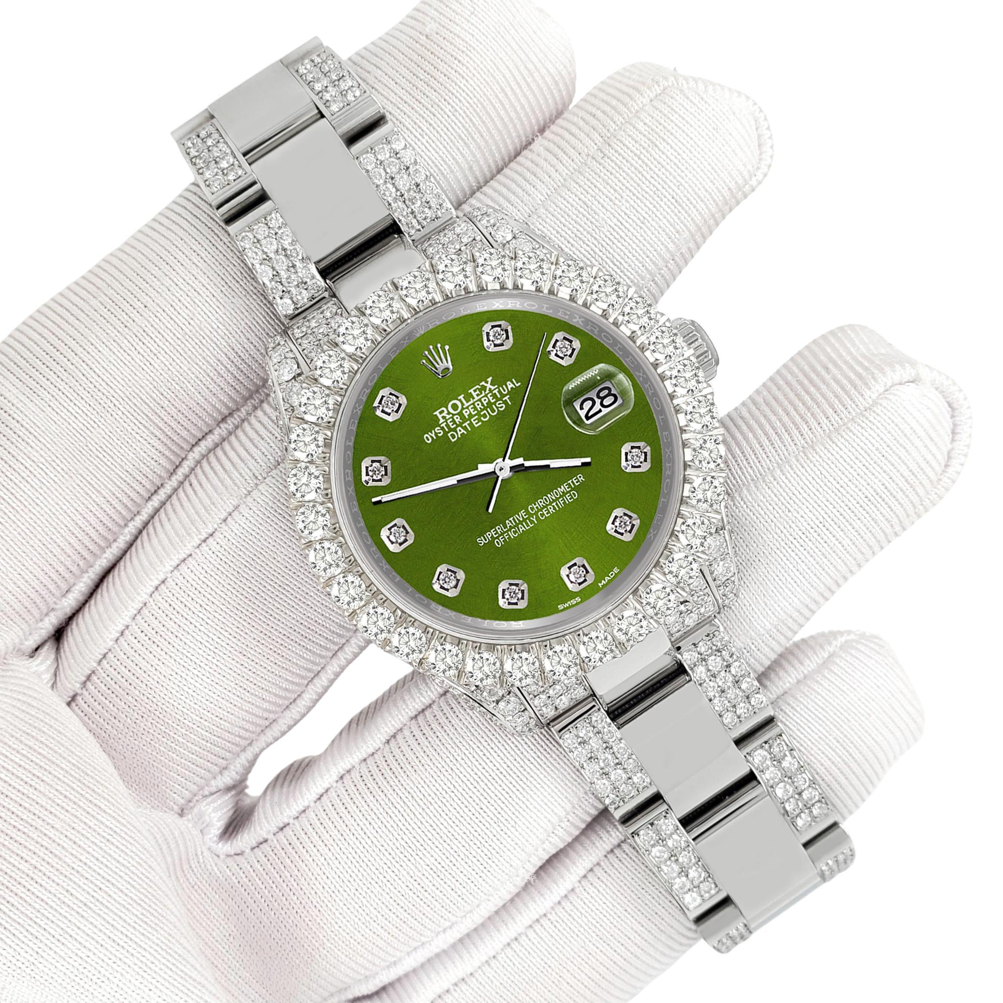 Rolex Datejust Pave 7.2 Carat Iced Diamond Royal Green Watch