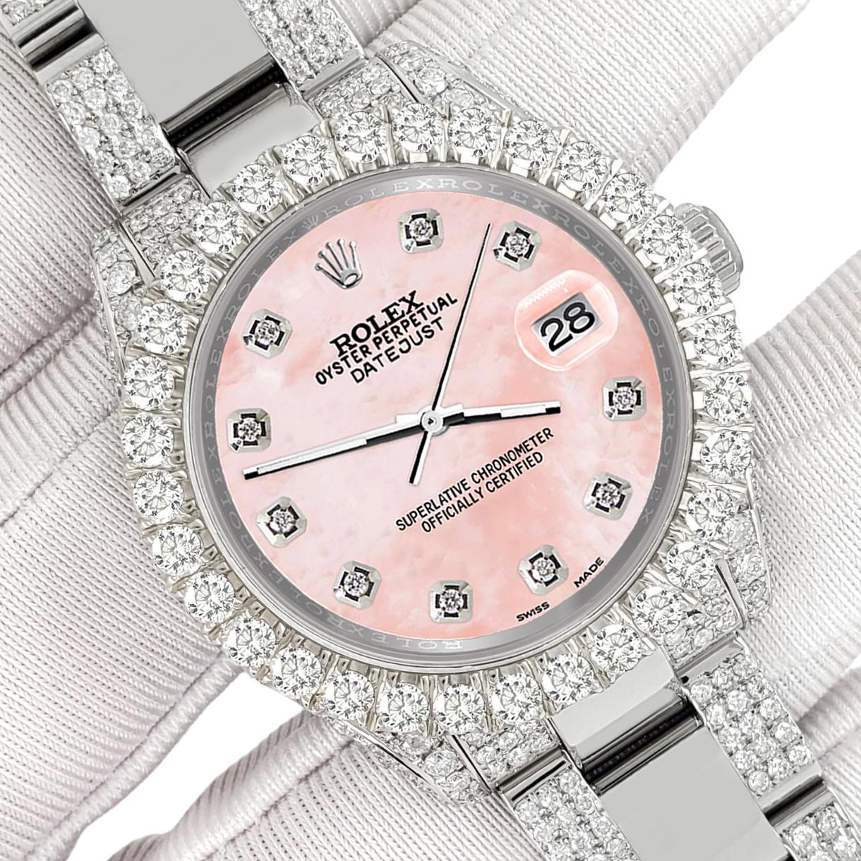 ElegantSwiss Watch Co is delighted to offer you this Rolex Datejust Midsize 31mm Pave 7.2ct Iced Diamond Royal Pink MOP Track Dial Oyster Watch, Ref 178240.

Excellent, pristine condition, no signs of wear, works flawlessly, comes with Rolex box,