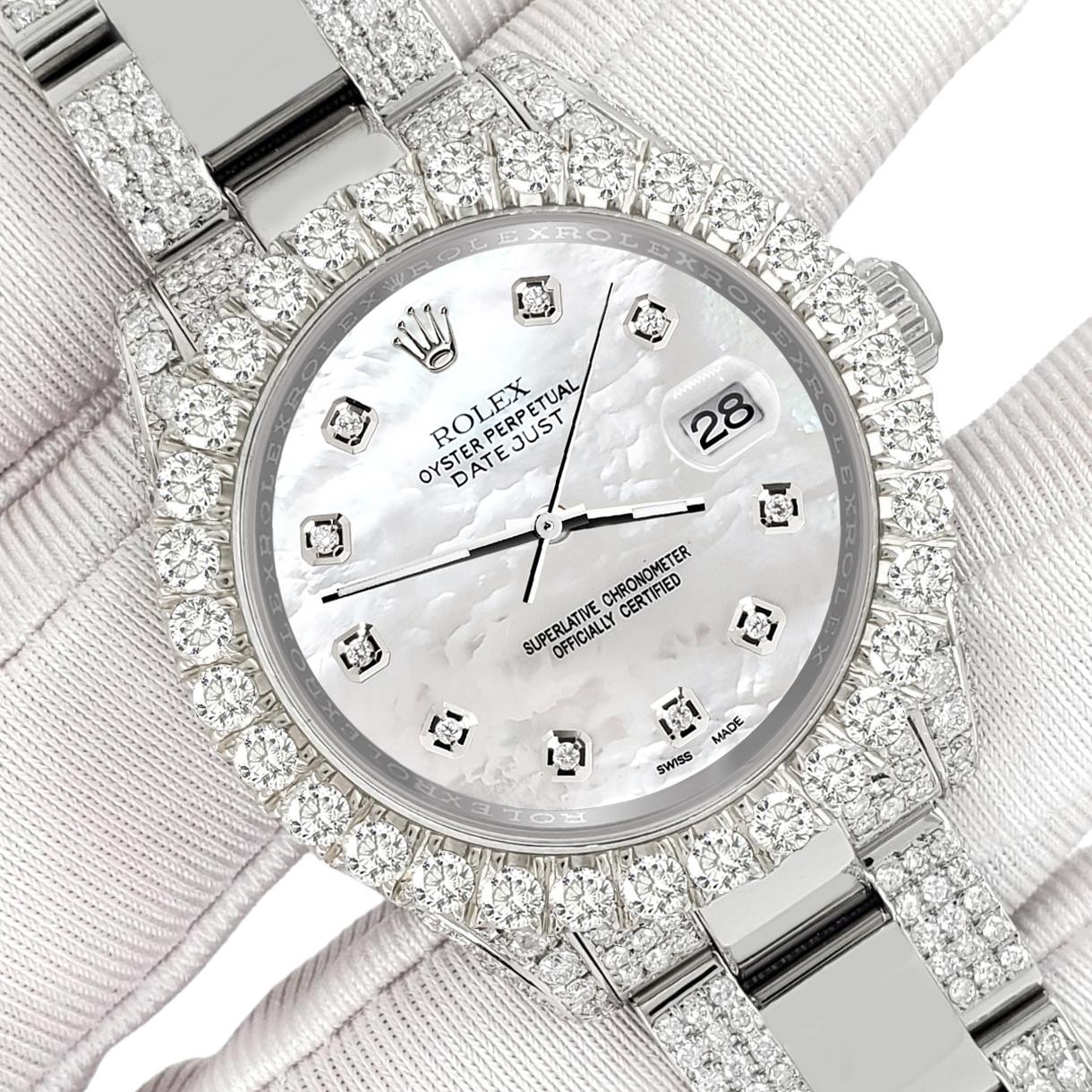 ElegantSwiss Watch Co is delighted to offer you this Rolex Datejust Midsize 31mm Pave 7.2ct Iced Diamond White MOP Dial Oyster Watch, Ref 178240.

Excellent, pristine condition, no signs of wear, works flawlessly, comes with Rolex box, certificate