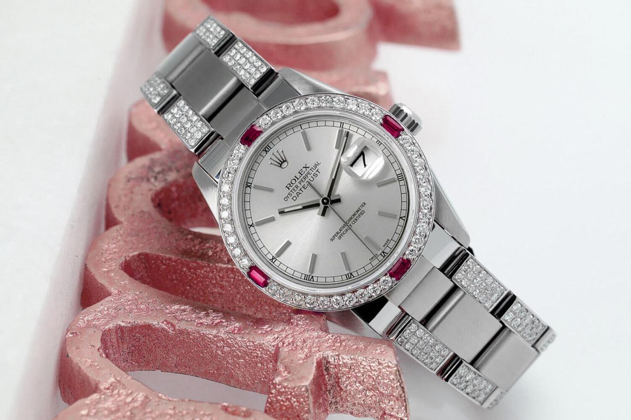 Rolex Datejust Silver Dial Diamond Diamond/Ruby Bezel Oyster Band Watch In Excellent Condition For Sale In New York, NY