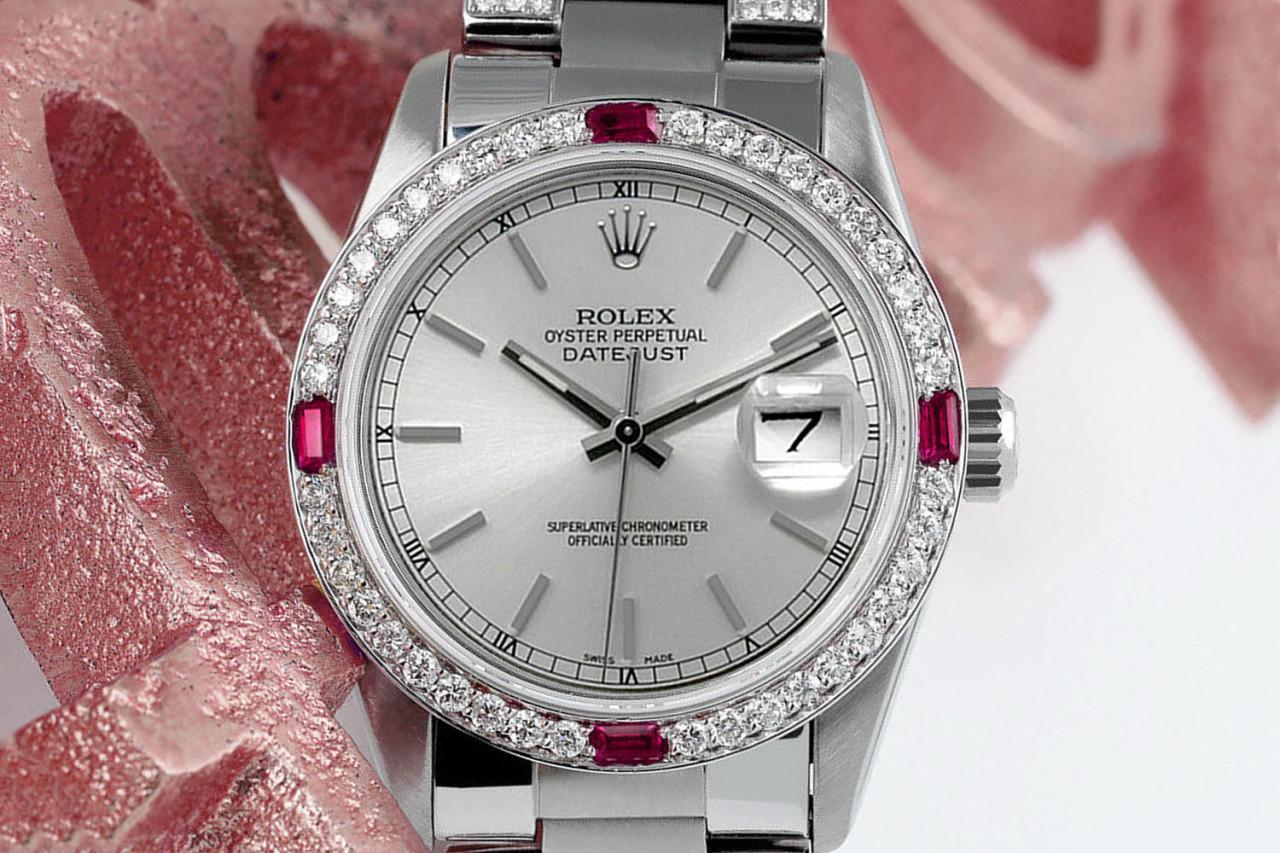 Rolex Datejust Austernbanduhr, Silber Zifferblatt Diamant Diamant/Ruby Lünette Oyster Band Uhr für Damen oder Herren im Angebot