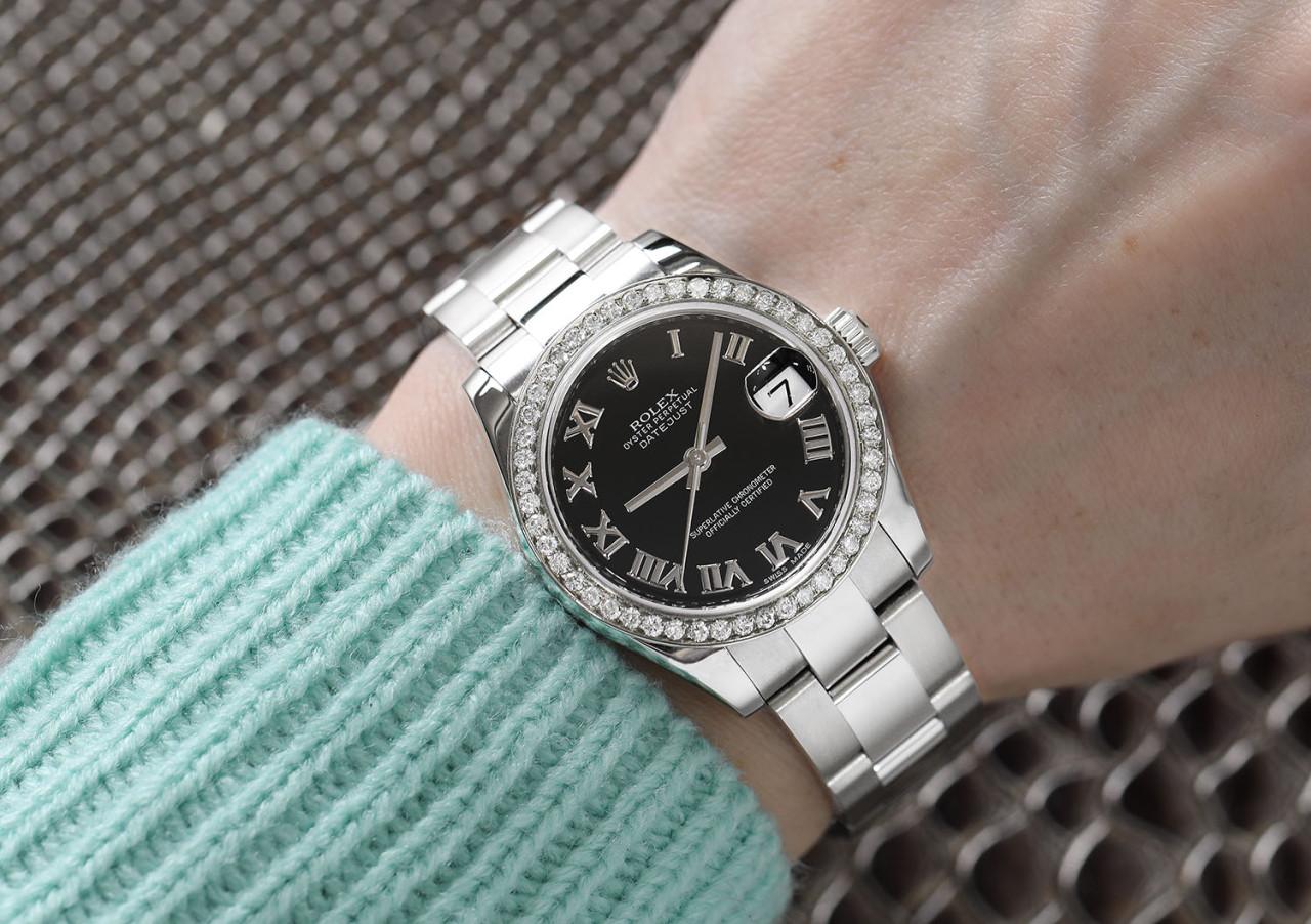 Edelstahl-Damenuhr von Rolex Datejust mit schwarzer römischer Uhr im Angebot 2