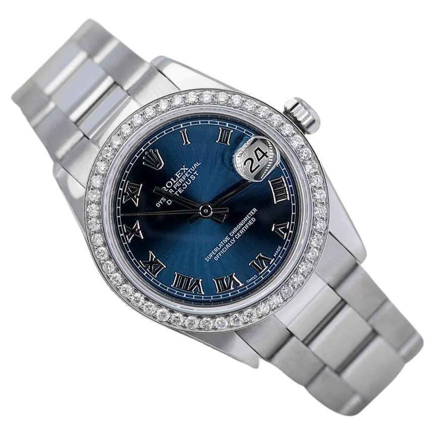 Rolex Datejust Edelstahl-Uhr mit blauem römischem Zifferblatt und Diamant-Lünette 