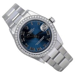 Rolex Datejust Stainless Steel Watch Blue Roman Dial and Diamond Bezel Watch 