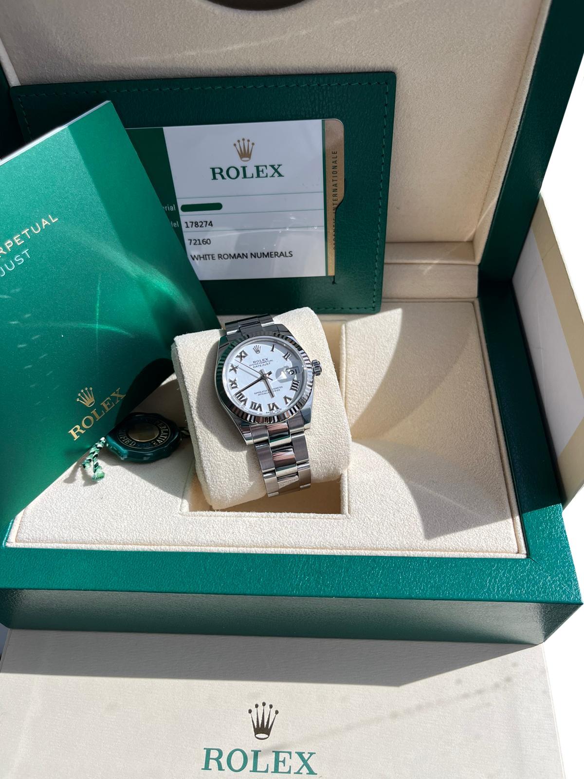 Modernist Rolex Datejust 31mm Steel White Dial Fluted Bezel Mid-Size Oyster Watch 178274 For Sale