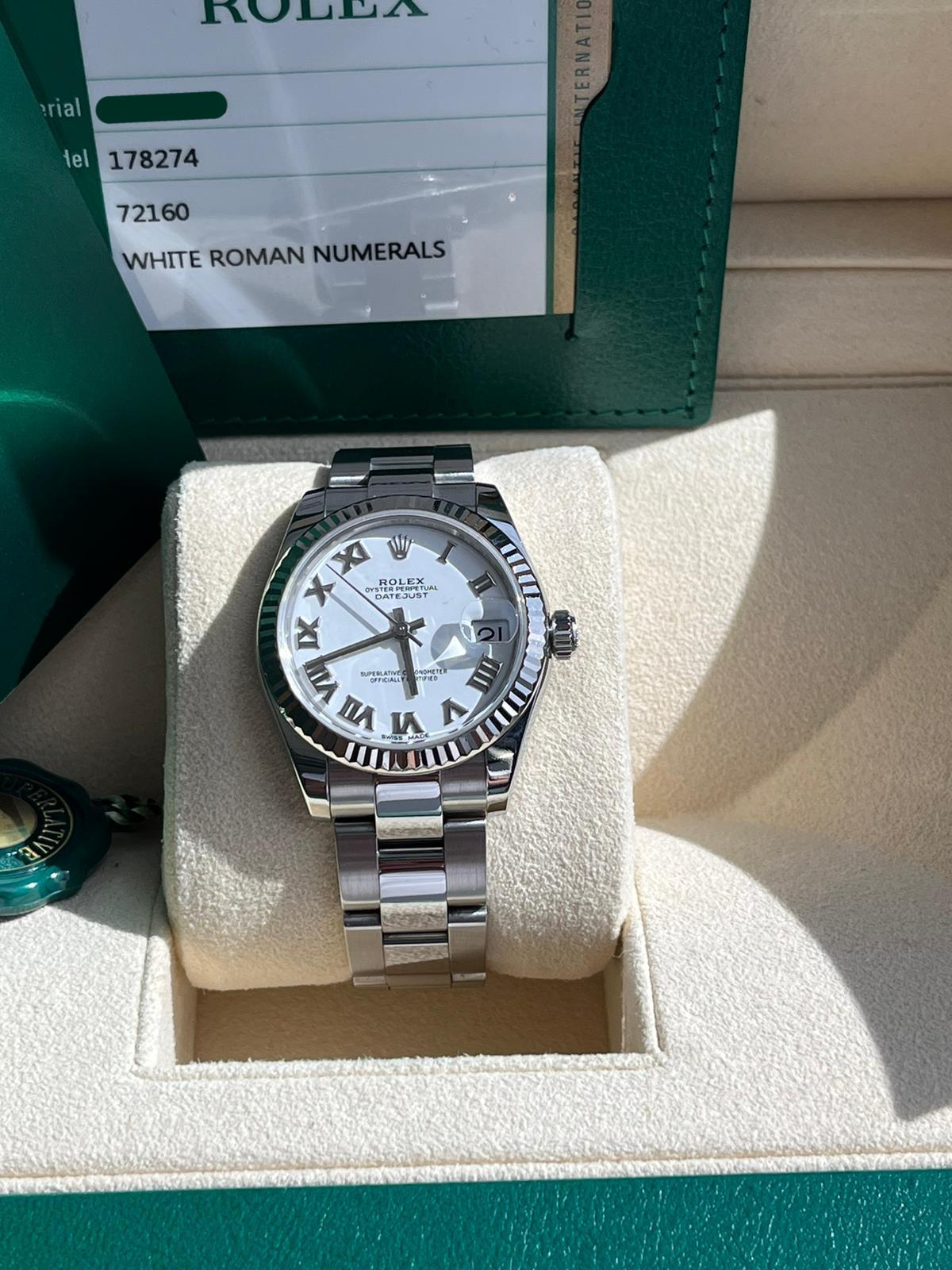 Rolex Datejust 31mm Steel White Dial Fluted Bezel Mid-Size Oyster Watch 178274 For Sale 1