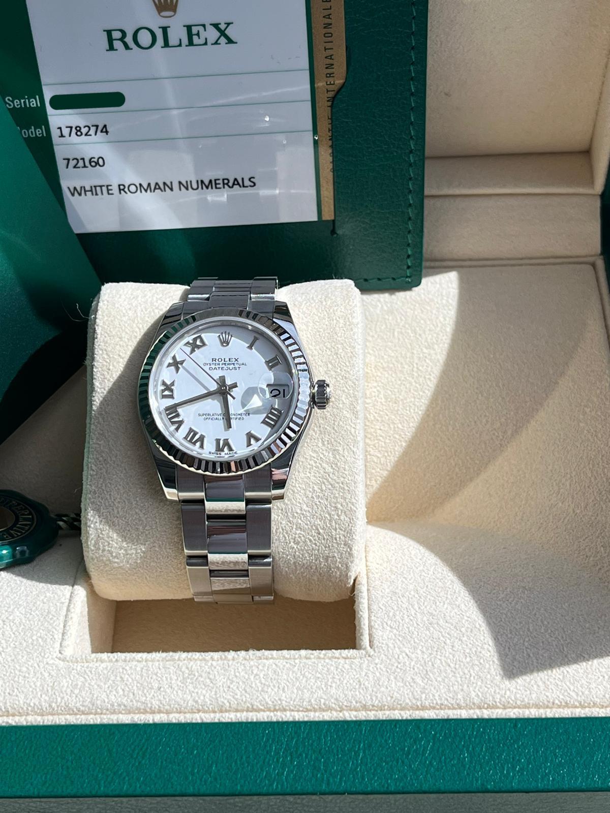 Rolex Datejust 31mm Steel White Dial Fluted Bezel Mid-Size Oyster Watch 178274 For Sale 2