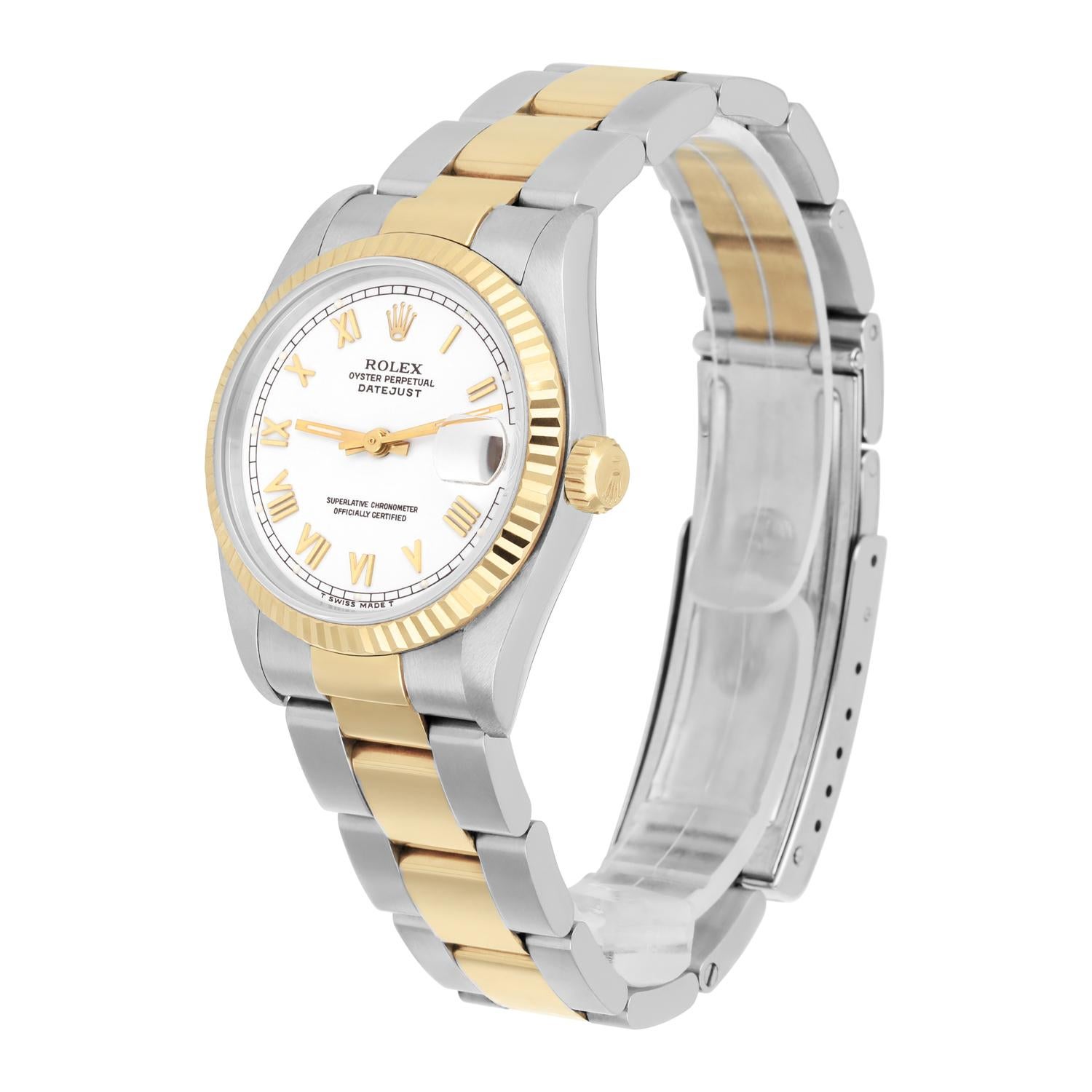 Rolex Datejust 31mm White Roman Two Tone Watch Circa 1997 Complete Oyster In Excellent Condition For Sale In New York, NY