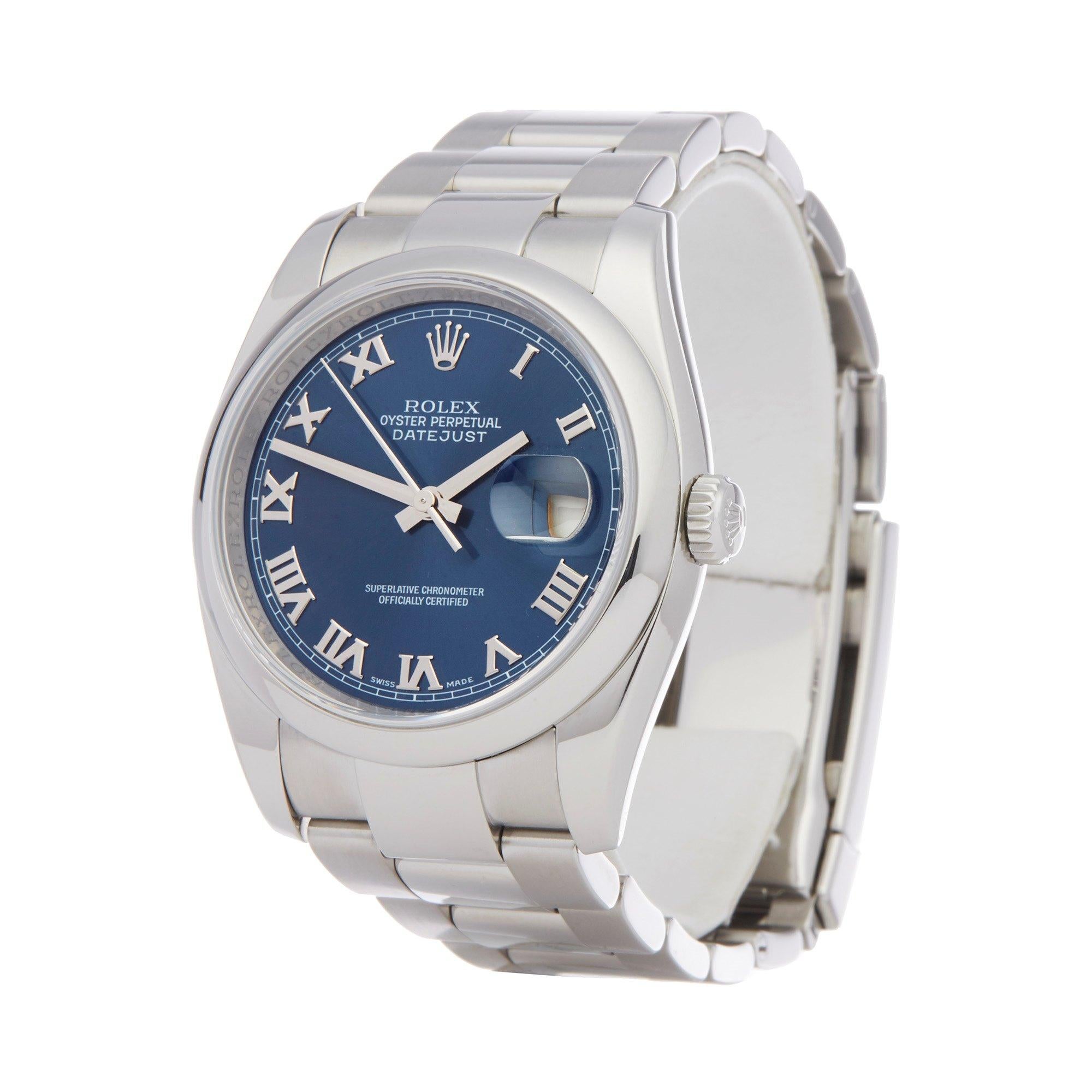 Xupes Reference: W007412
Manufacturer: Rolex
Model: Datejust
Model Variant: 36
Model Number: 116200
Age: 2007
Gender: Men
Complete With: Rolex Box
Dial: Blue Roman
Glass: Sapphire Crystal
Case Size: 36mm
Case Material: Stainless Steel
Strap
