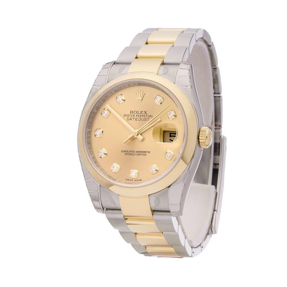 Ref: COM1477
Manufacturer: Rolex
Model: Datejust
Model Ref: 116203
Age: 1st August 2014
Gender: Unisex
Complete With: Box & Guarantee
Dial: Champagne Diamond Markers
Glass: Sapphire Crystal
Movement: Automatic
Water Resistance: To Manufacturers