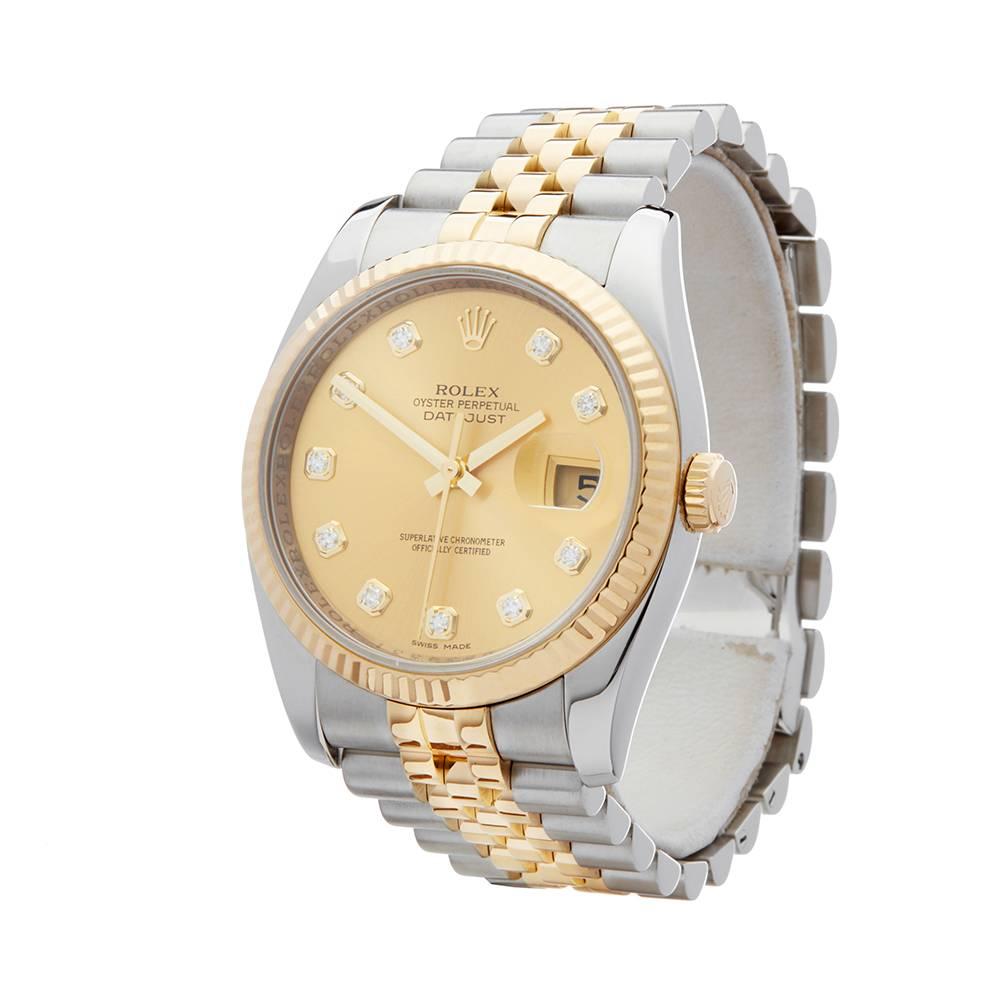 Ref: W5027
Manufacturer: Rolex
Model: Datejust
Model Ref: 116233
Age: 
Gender: Mens
Complete With: Xupes Presenation Pouch
Dial: Champagne Diamond Markers
Glass: Sapphire Crystal
Movement: Automatic
Water Resistance: To Manufacturers