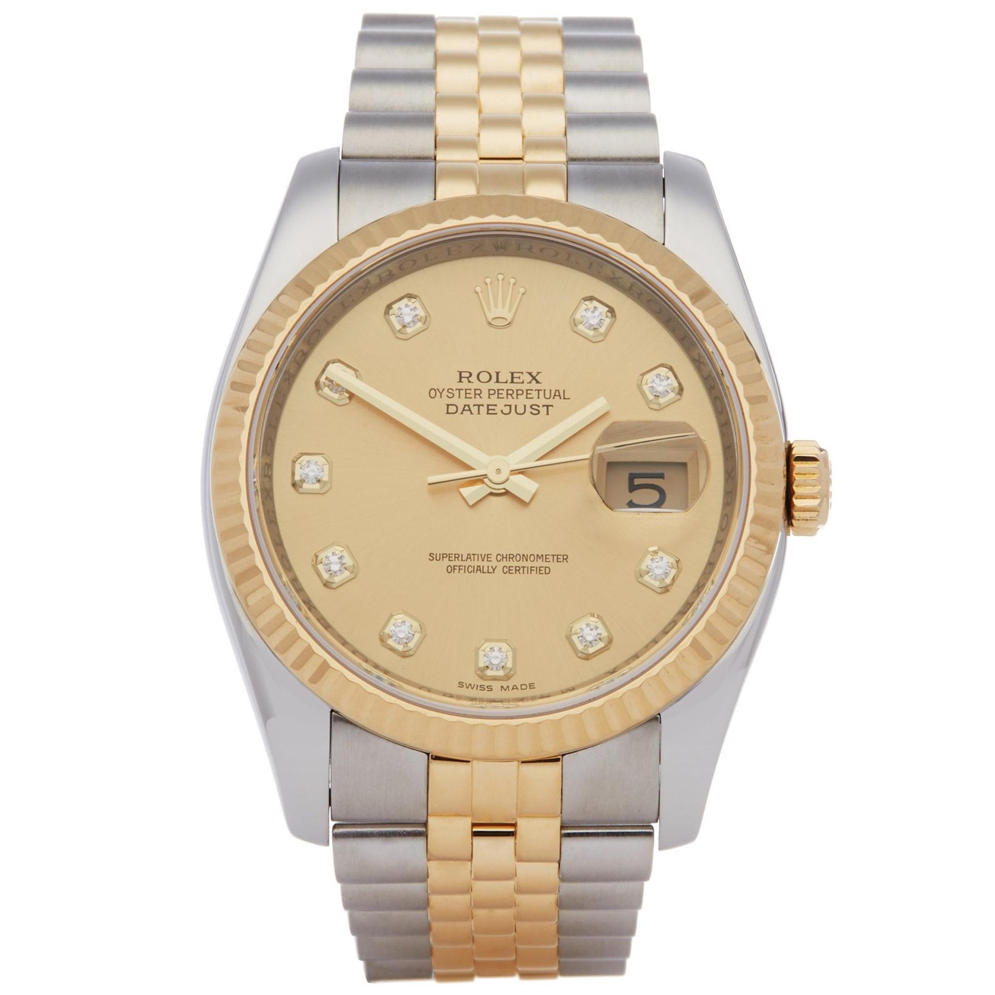 Rolex Datejust 36 116233 Unisex Stainless Steel and Yellow Gold Diamond Watch