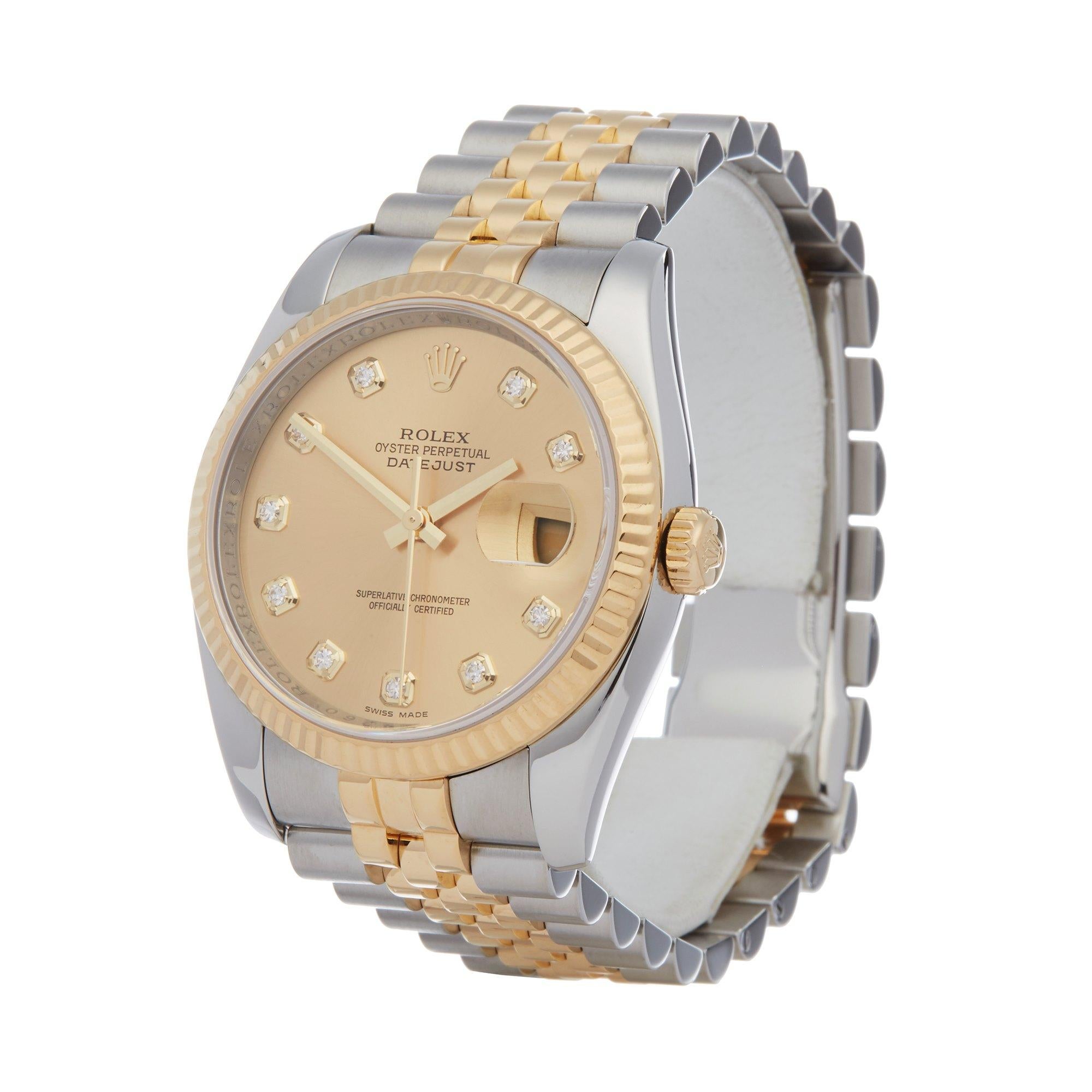Xupes Reference: W007507
Manufacturer: Rolex
Model: Datejust
Model Variant: 36
Model Number: 116233
Age: 2008
Gender: Unisex
Complete With: Rolex Box 
Dial: Champagne With Diamond Markers
Glass: Sapphire Crystal
Case Size: 36mm
Case Material: